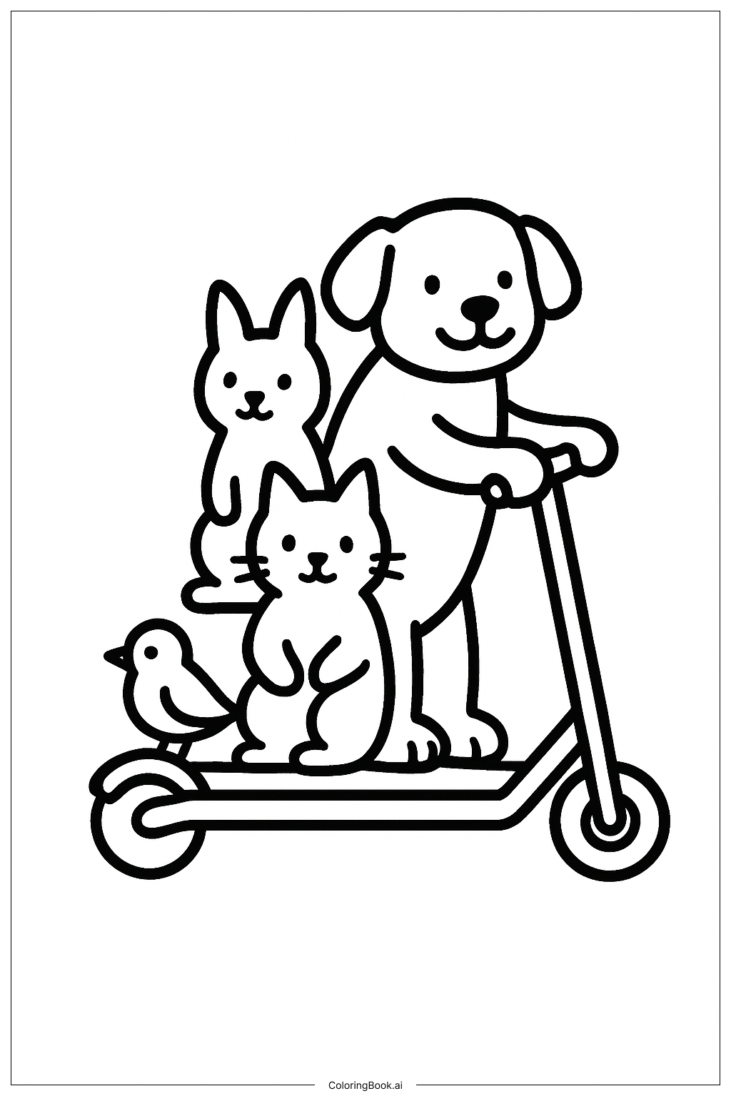 Página para colorear de Mascotas en el Patinete