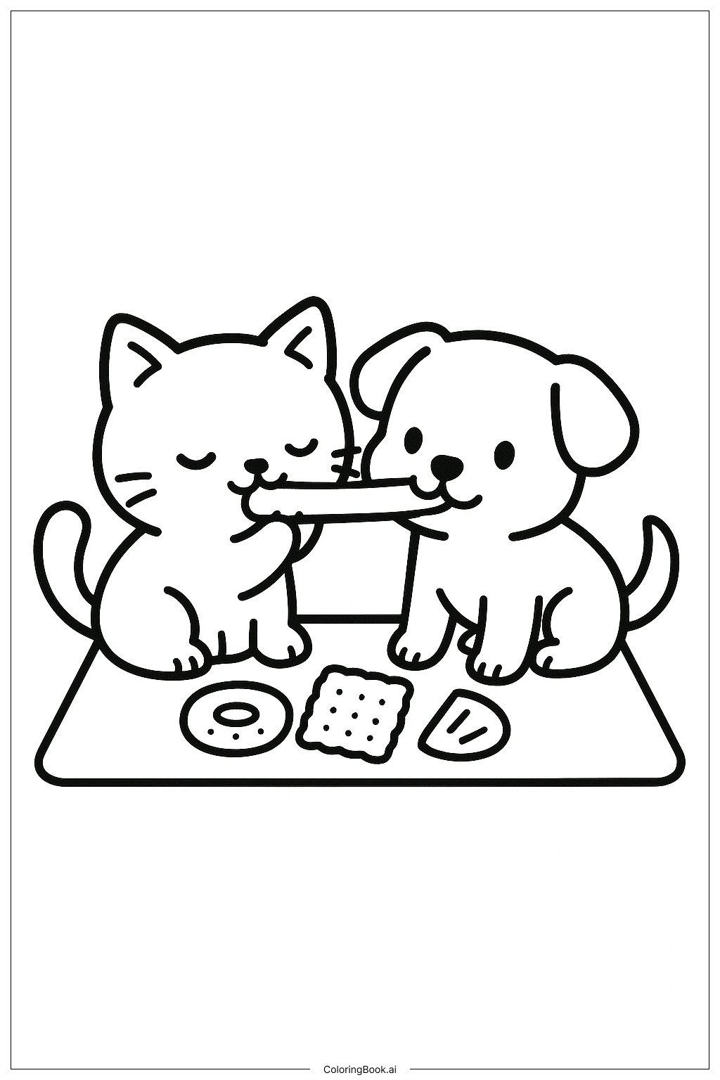 Página para colorear de Mascotas compartiendo un bocadillo