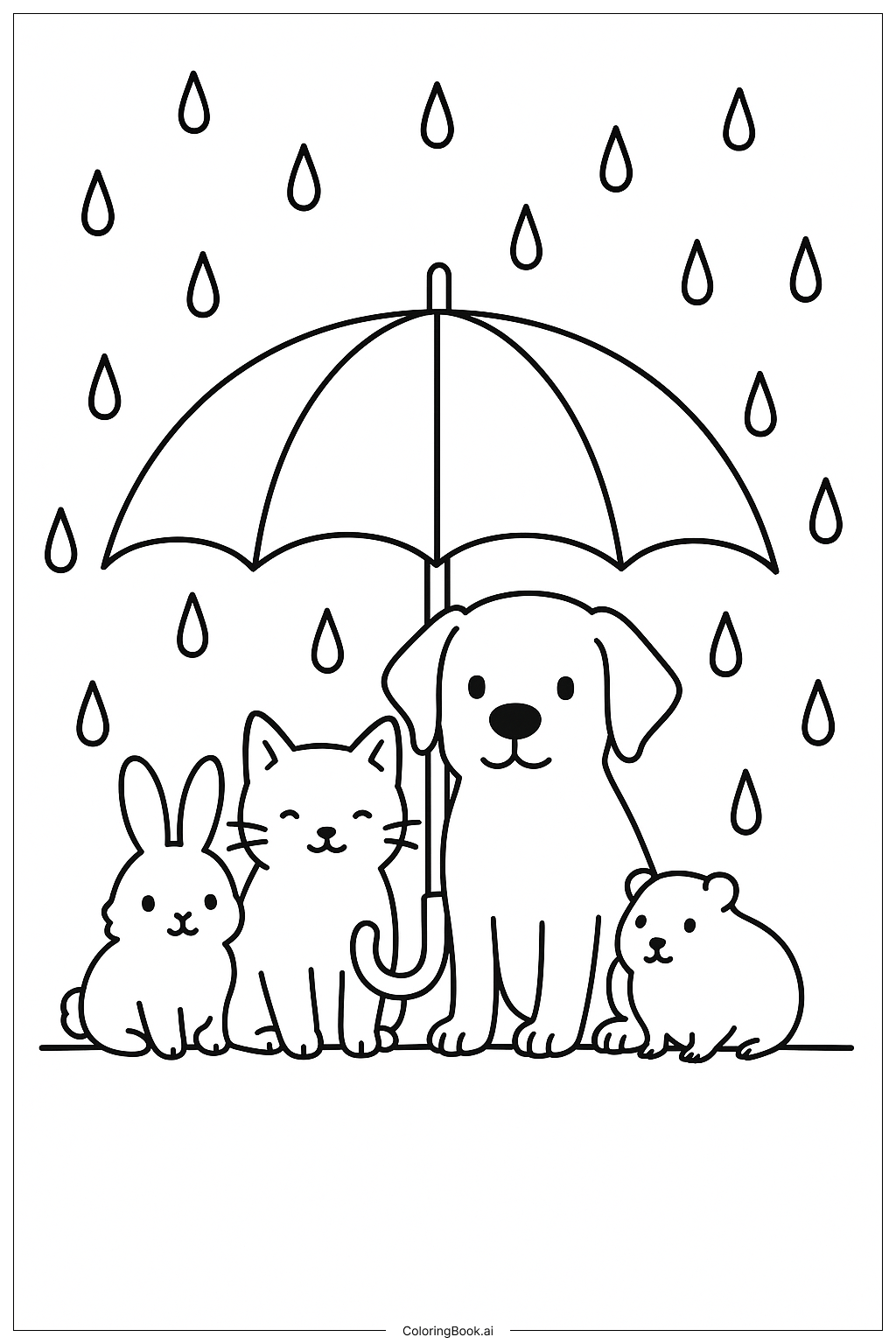  雨伞下的宠物填色页 