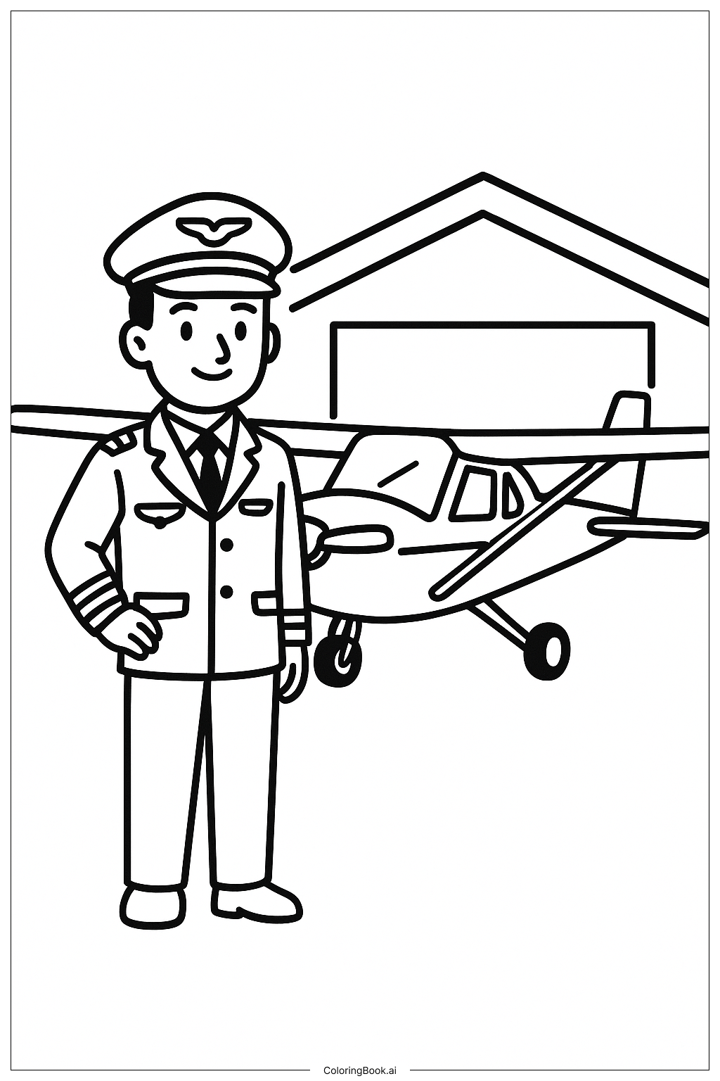  飞行员站在飞机旁填色页 