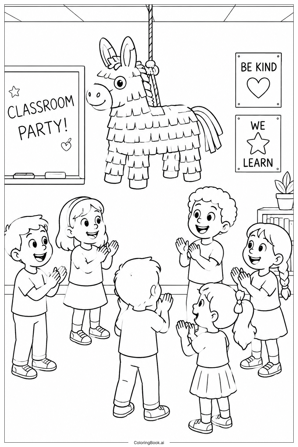  Página para colorir de Pinata Classroom Party 