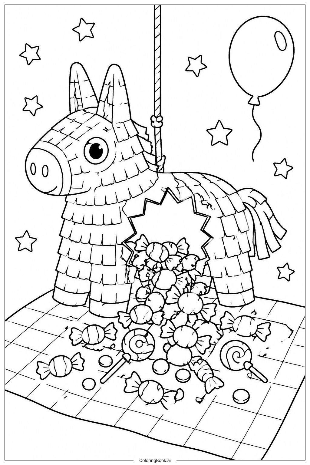  Piñata voller Süßigkeiten Ausmalseite 