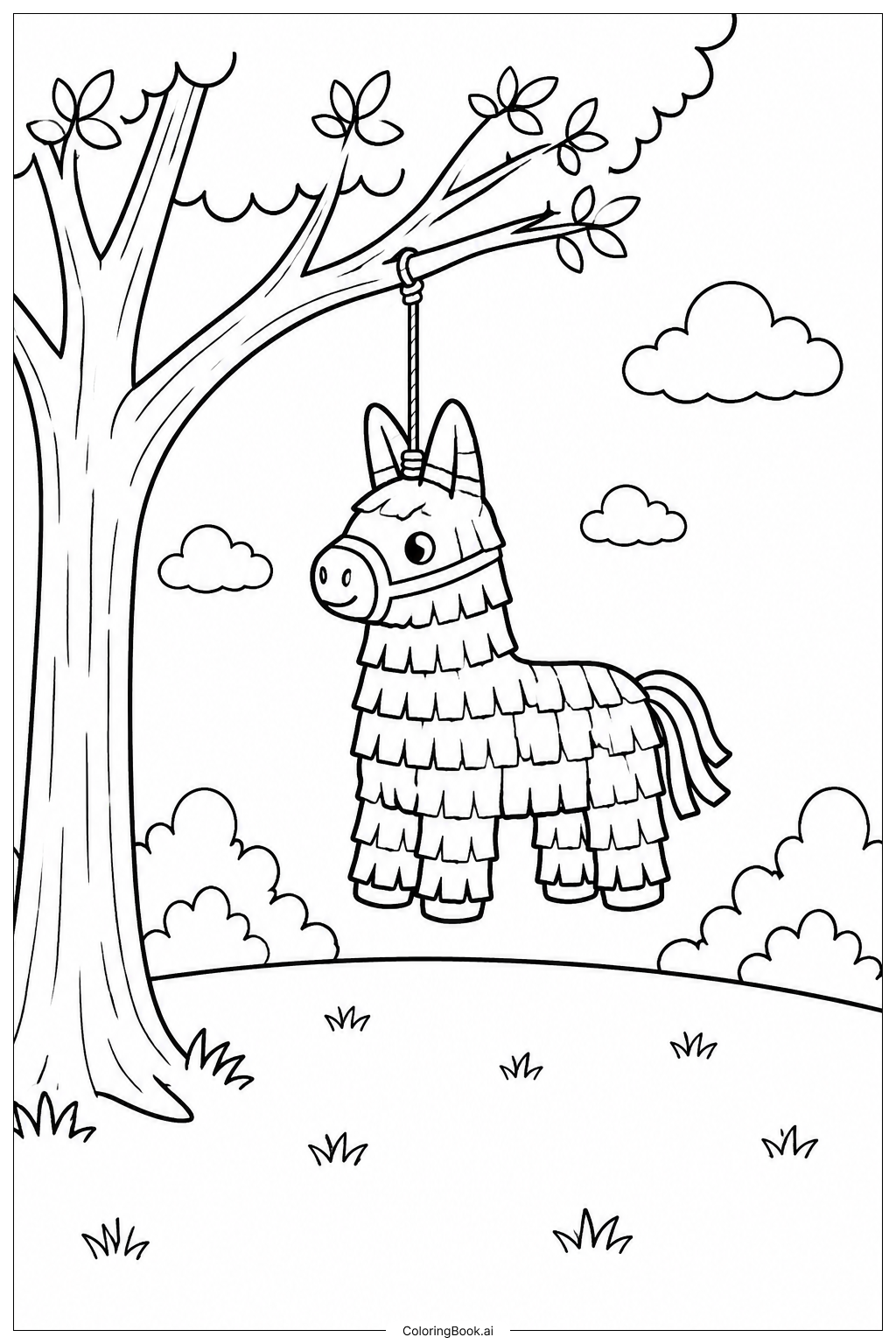  木に吊るされたピニャータの塗り絵ページ 