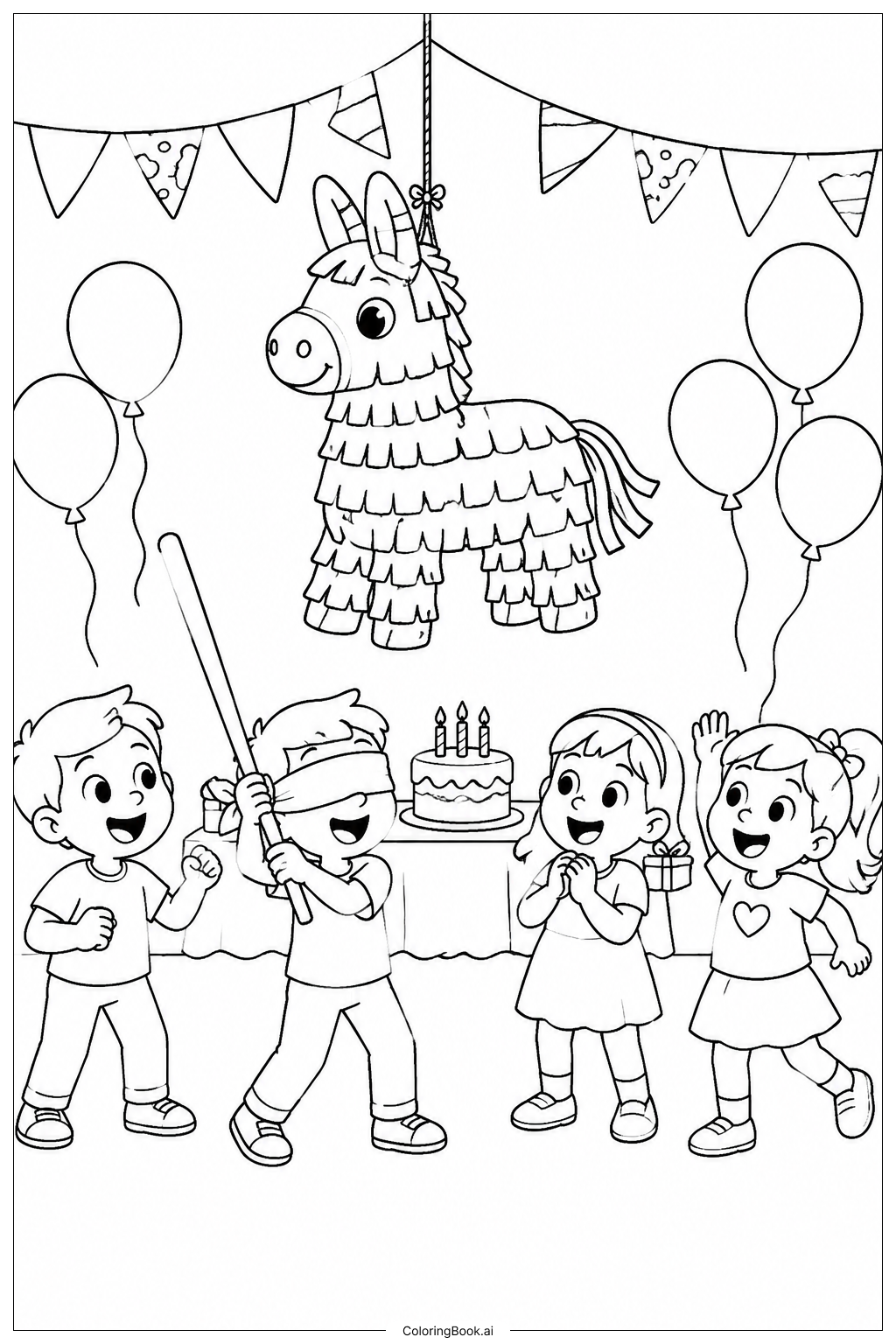  ピニャータ子どもパーティーの場面の塗り絵ページ 
