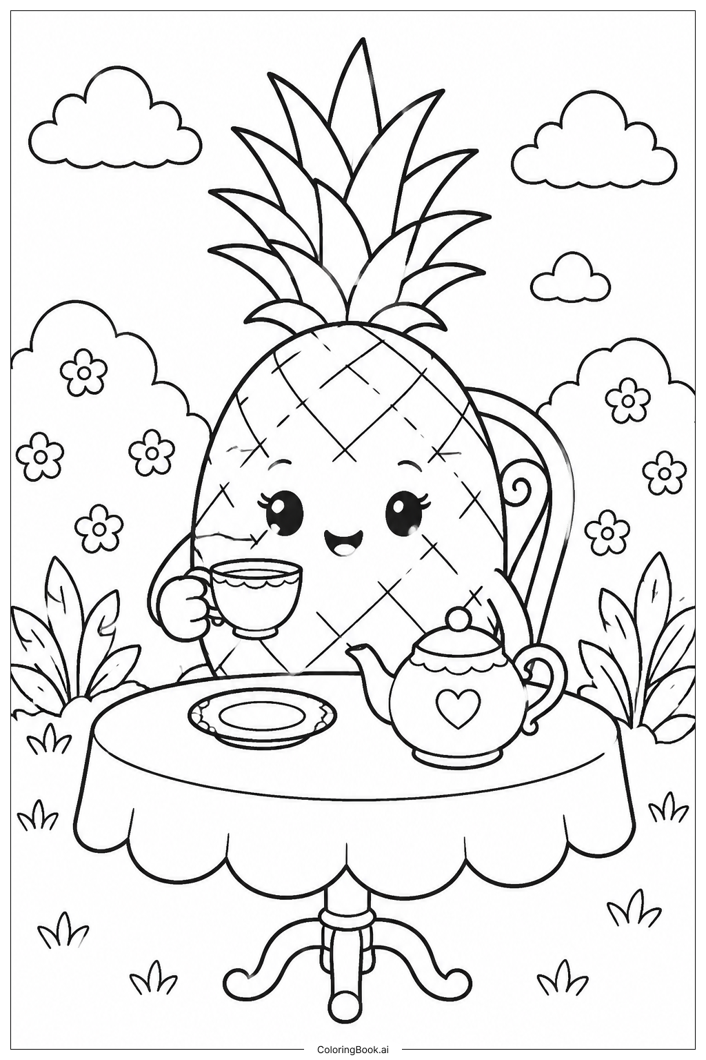  Pineapple At Tea Party Coloring Page 