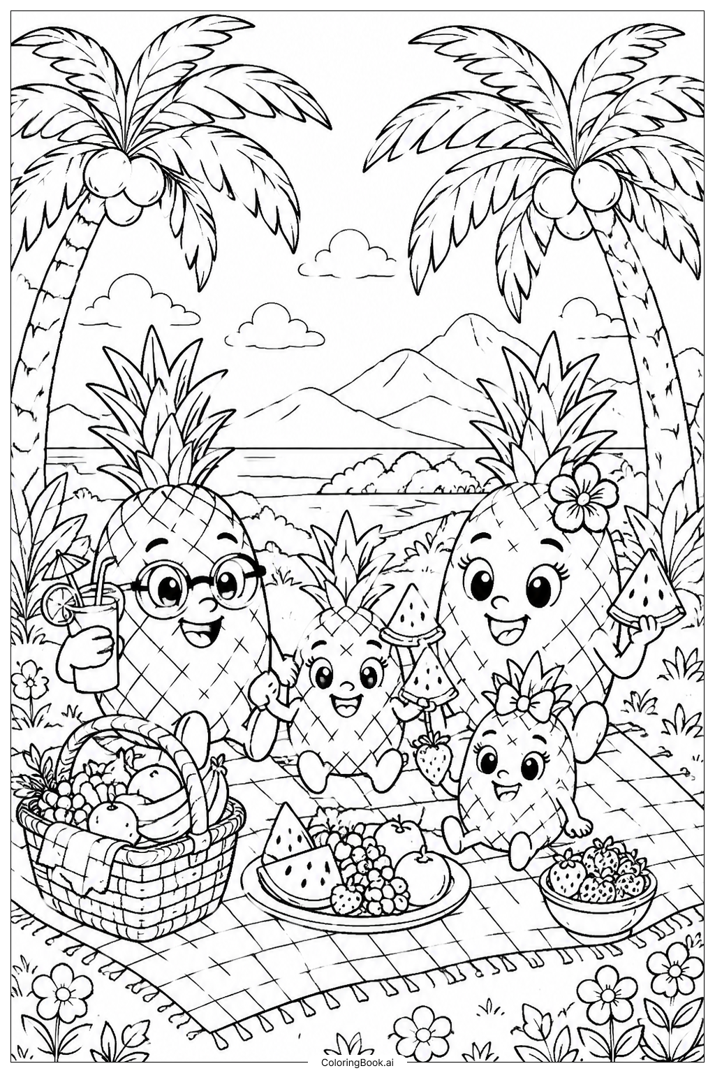  ヤシの木の下のパイナップルファミリーピクニックの塗り絵ページ 