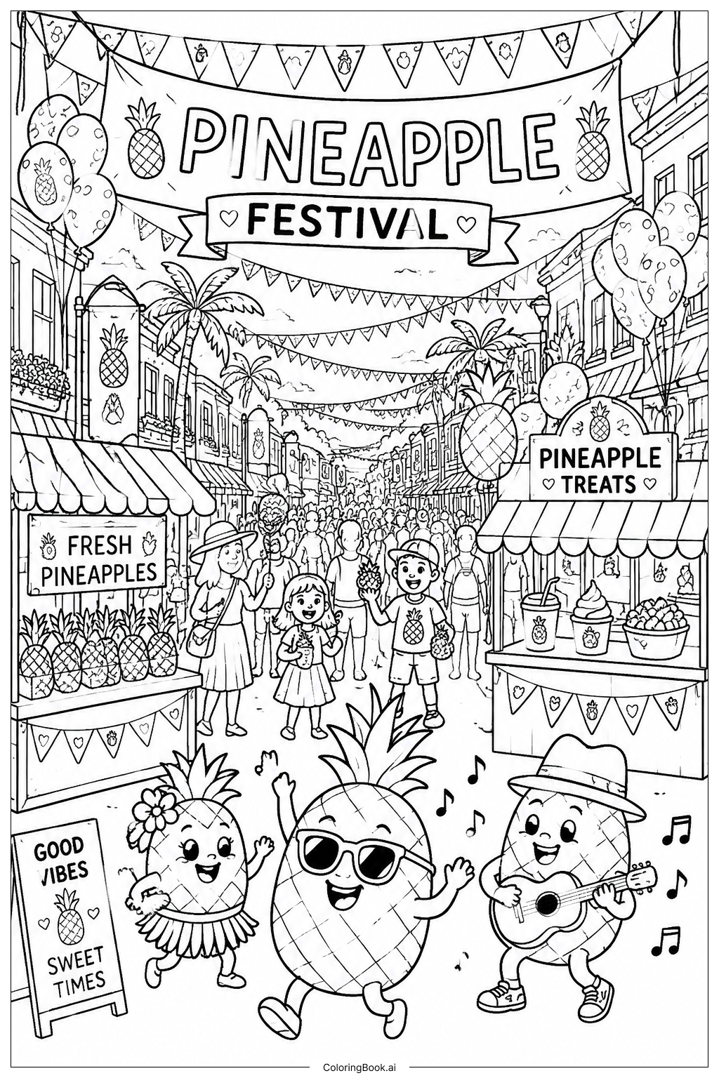 パイナップル祭りのバナーの塗り絵ページ 