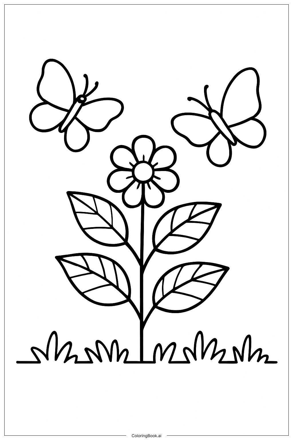 蝶々のいる植物の塗り絵ページ