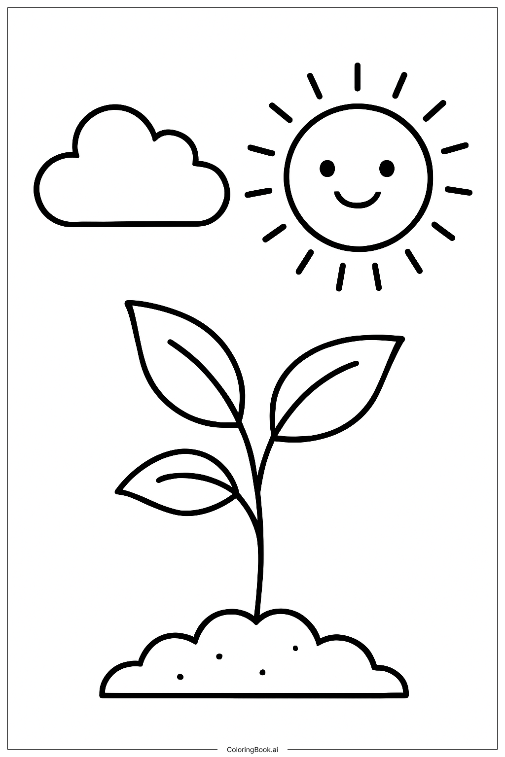 太陽と雲のある植物の塗り絵ページ