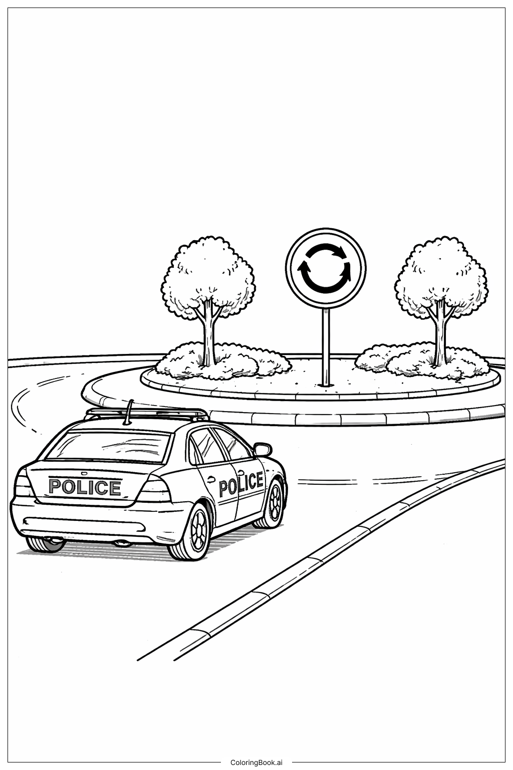  Página para colorear de Coche de Policía en la rotonda 