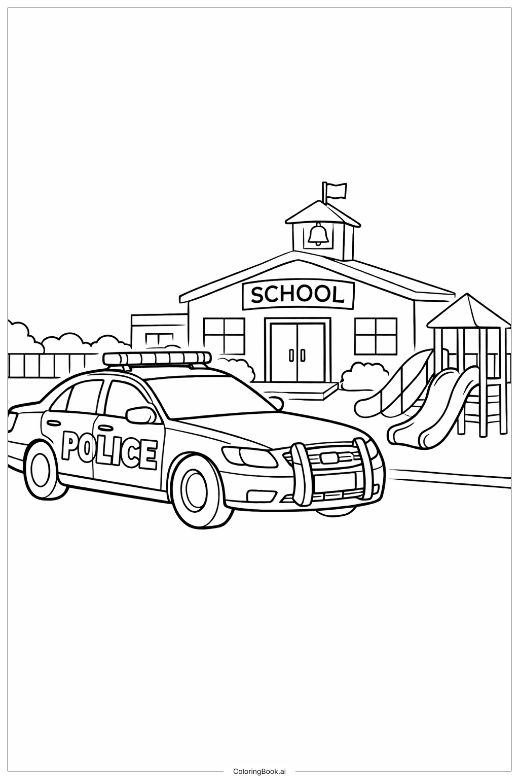  Página para colorear de Coche de Policía en la Escuela 