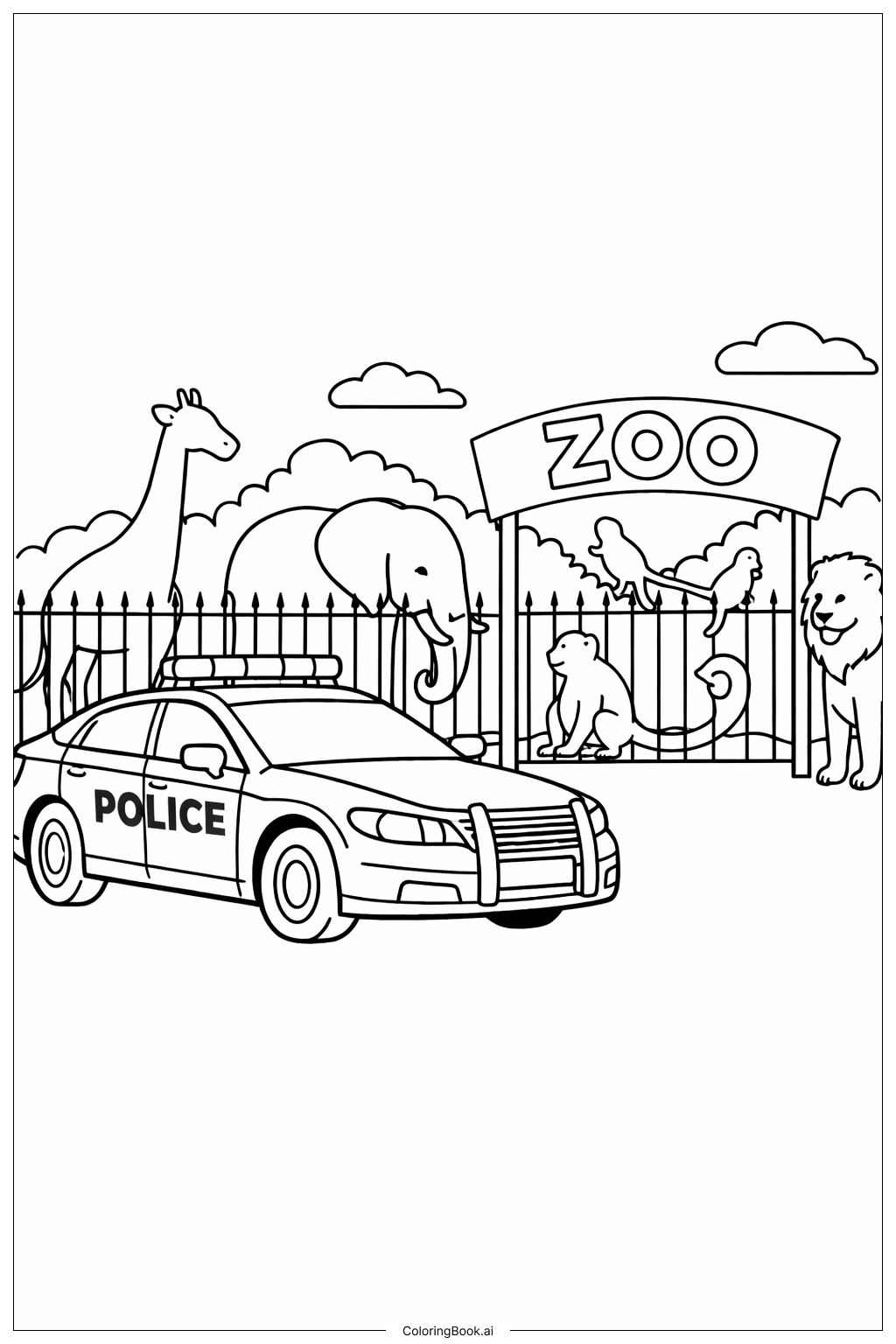  Página para colorear de Coche de Policía en la Entrada del Zoológico 