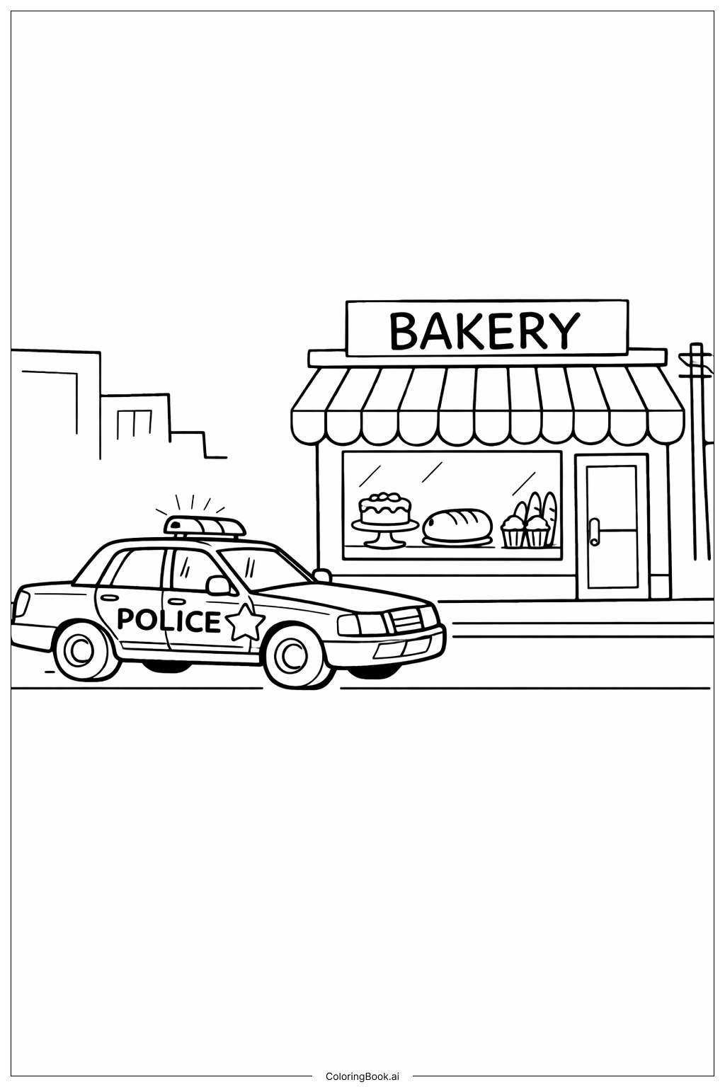  Página para colorear de Coche de policía junto a la panadería 
