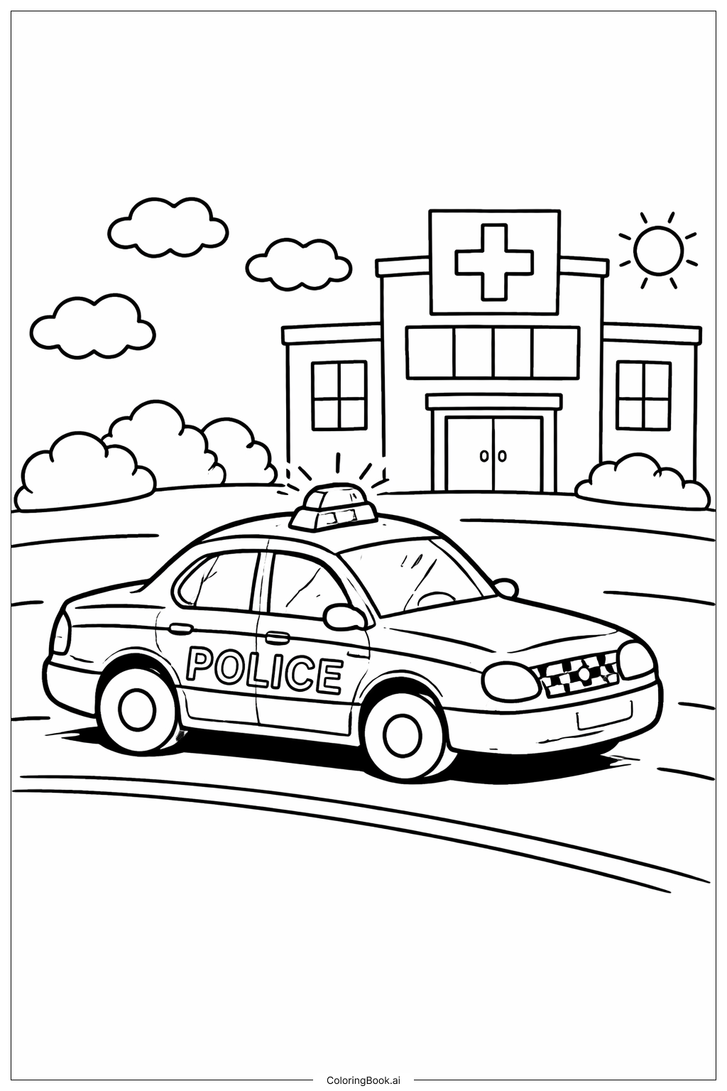  Página para colorear de Coche de Policía Cerca del Hospital 
