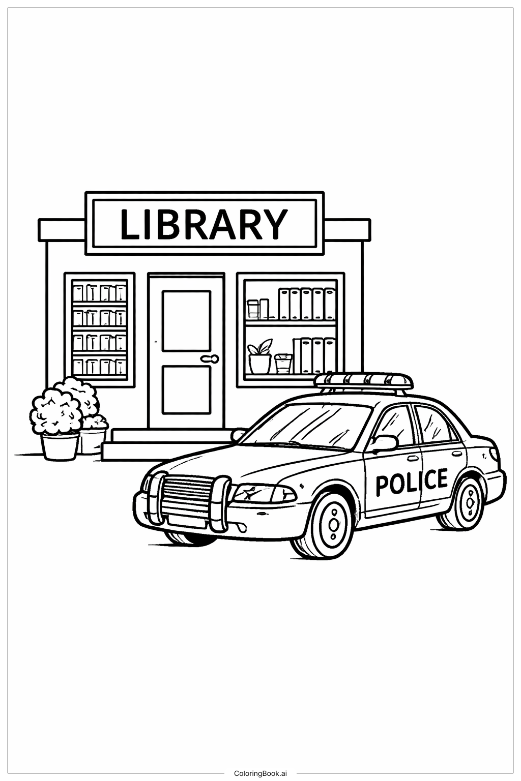 Coche de policía junto a la biblioteca