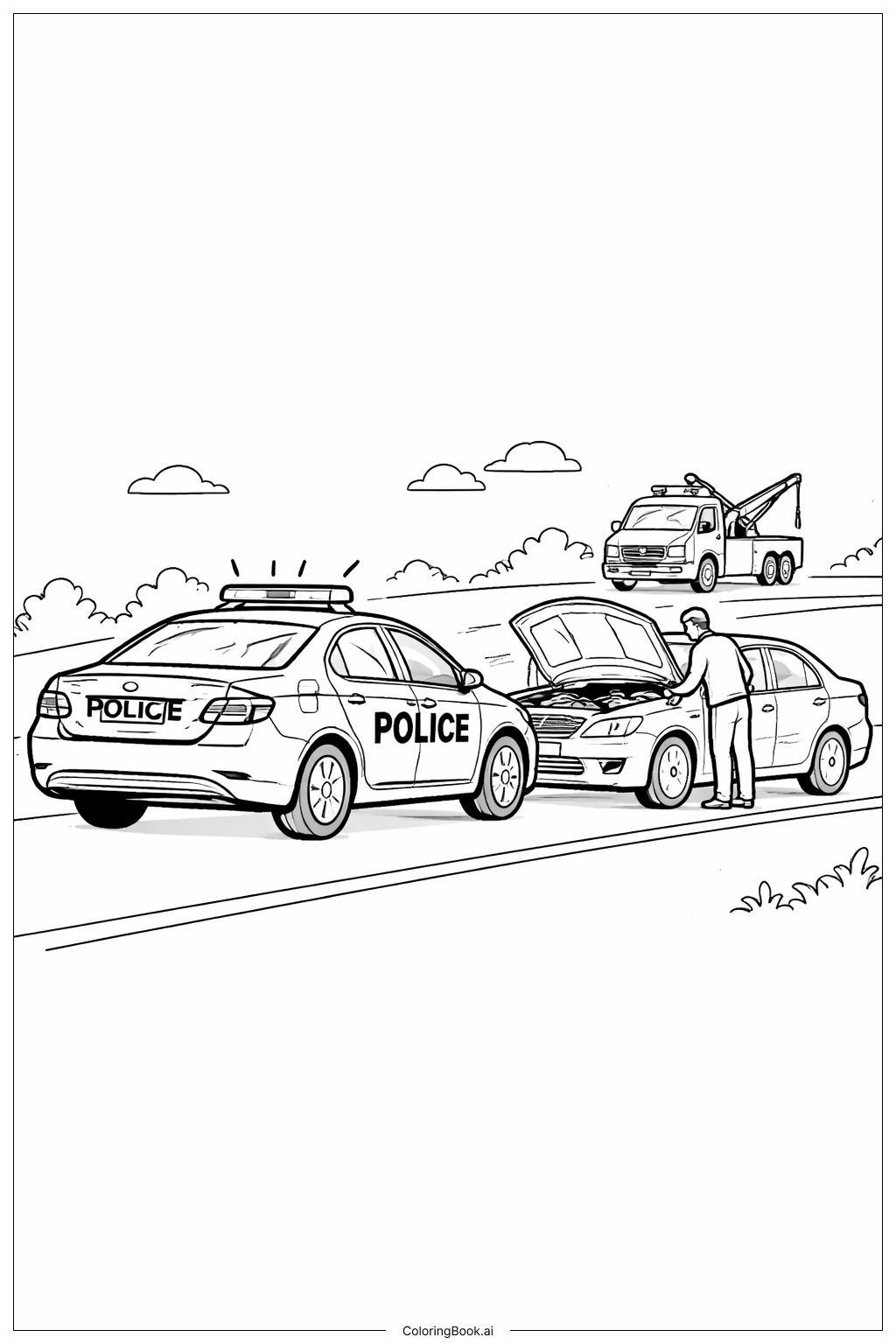  Página para colorear de Coche de policía ayudando a un coche averiado 