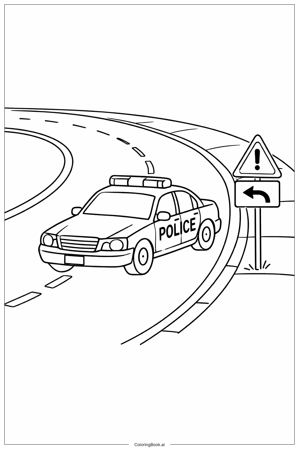 Página para colorear de Coche de Policía en Carretera Curva 