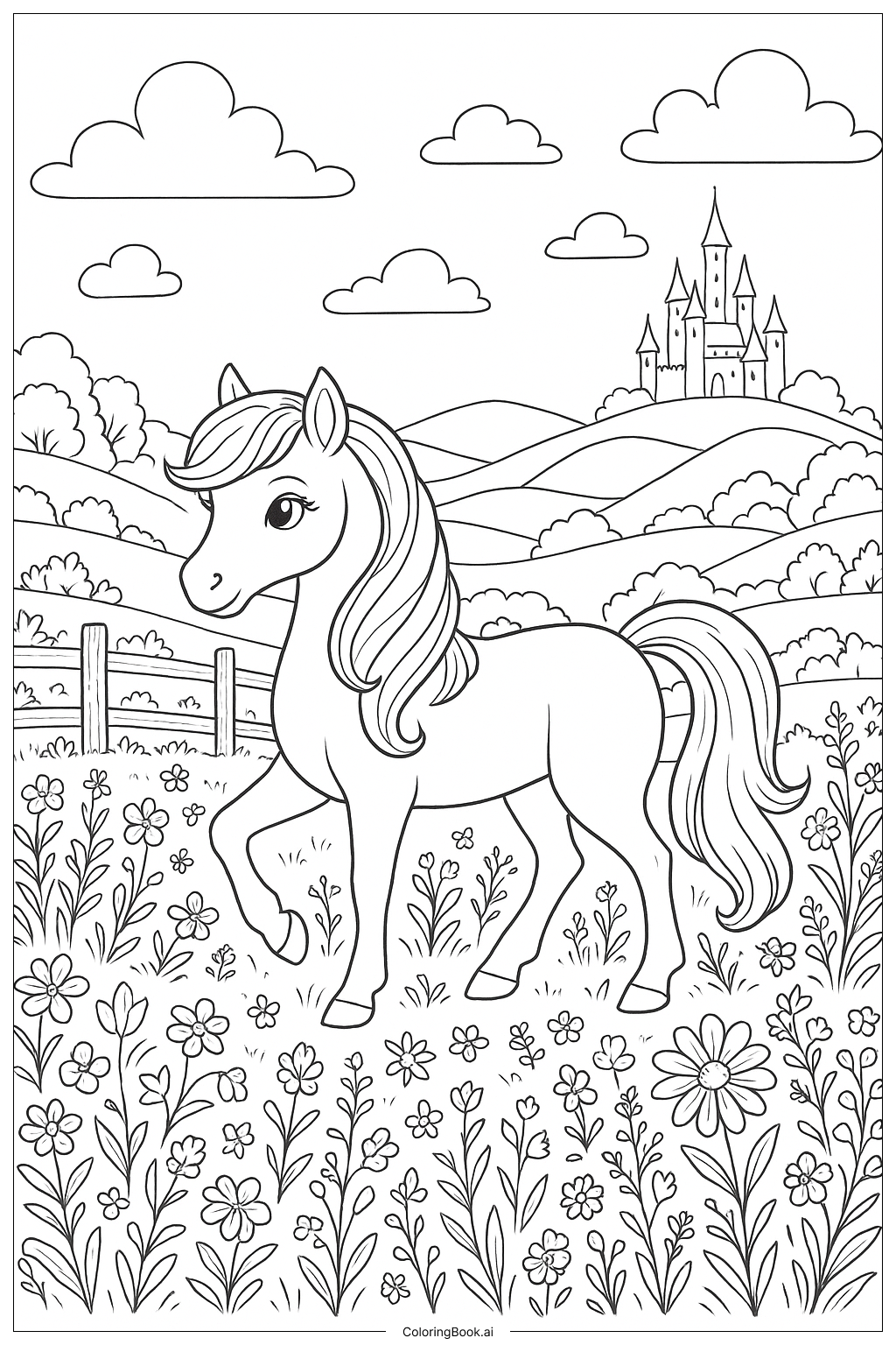  梦幻草地上的小马填色页 