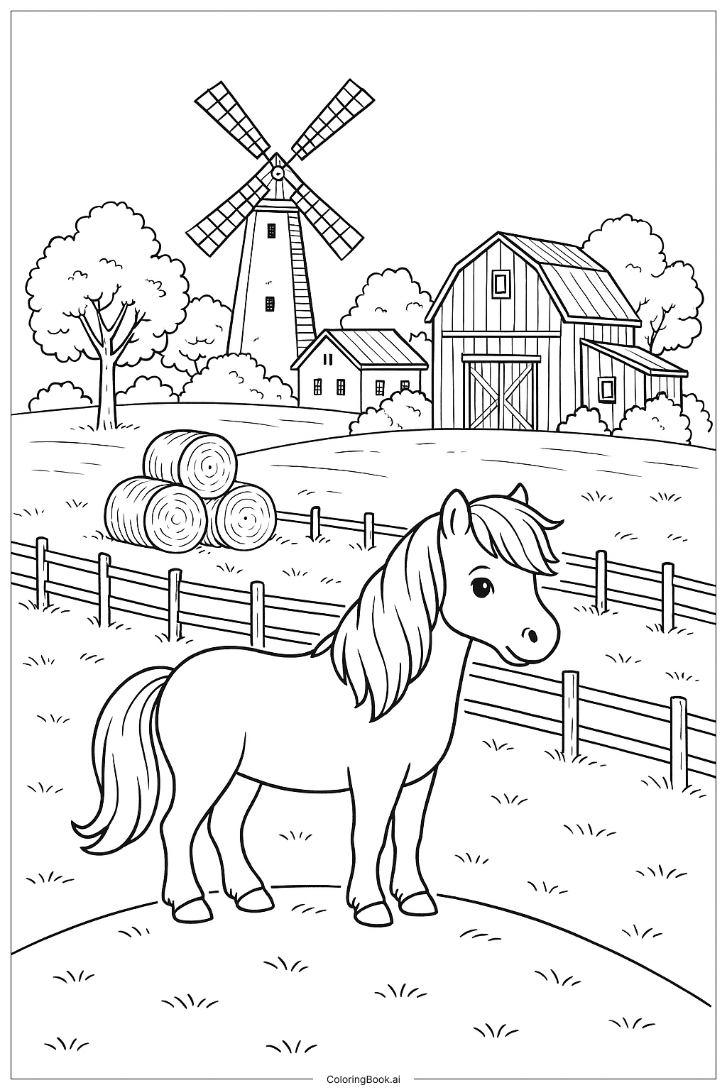 農場小山上的小馬著色頁