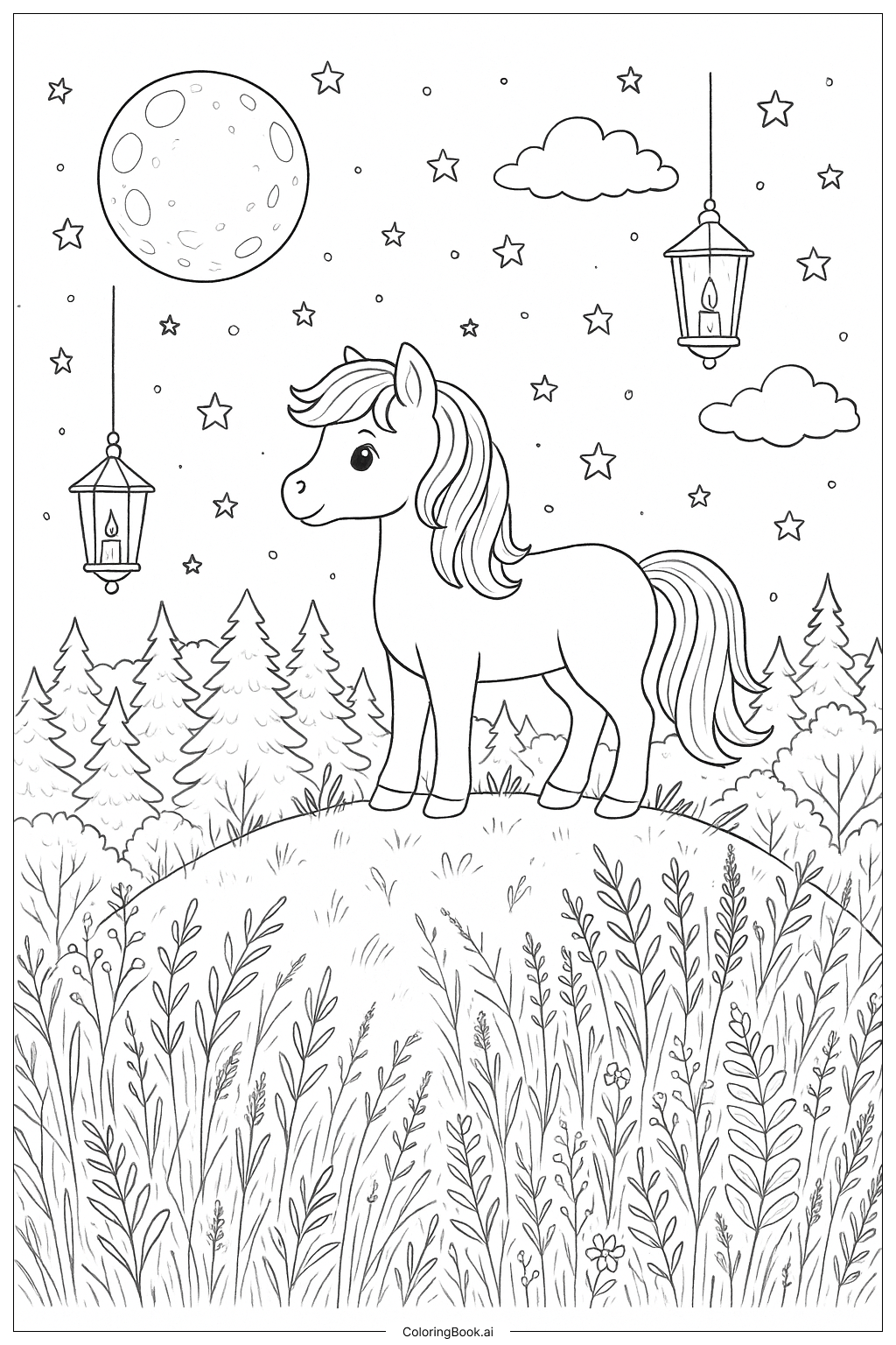  星空下的小马填色页 