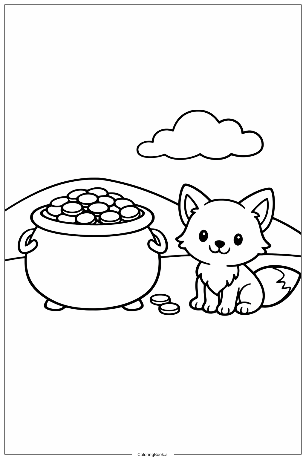 装满金币的锅和友善的小狐狸填色页
