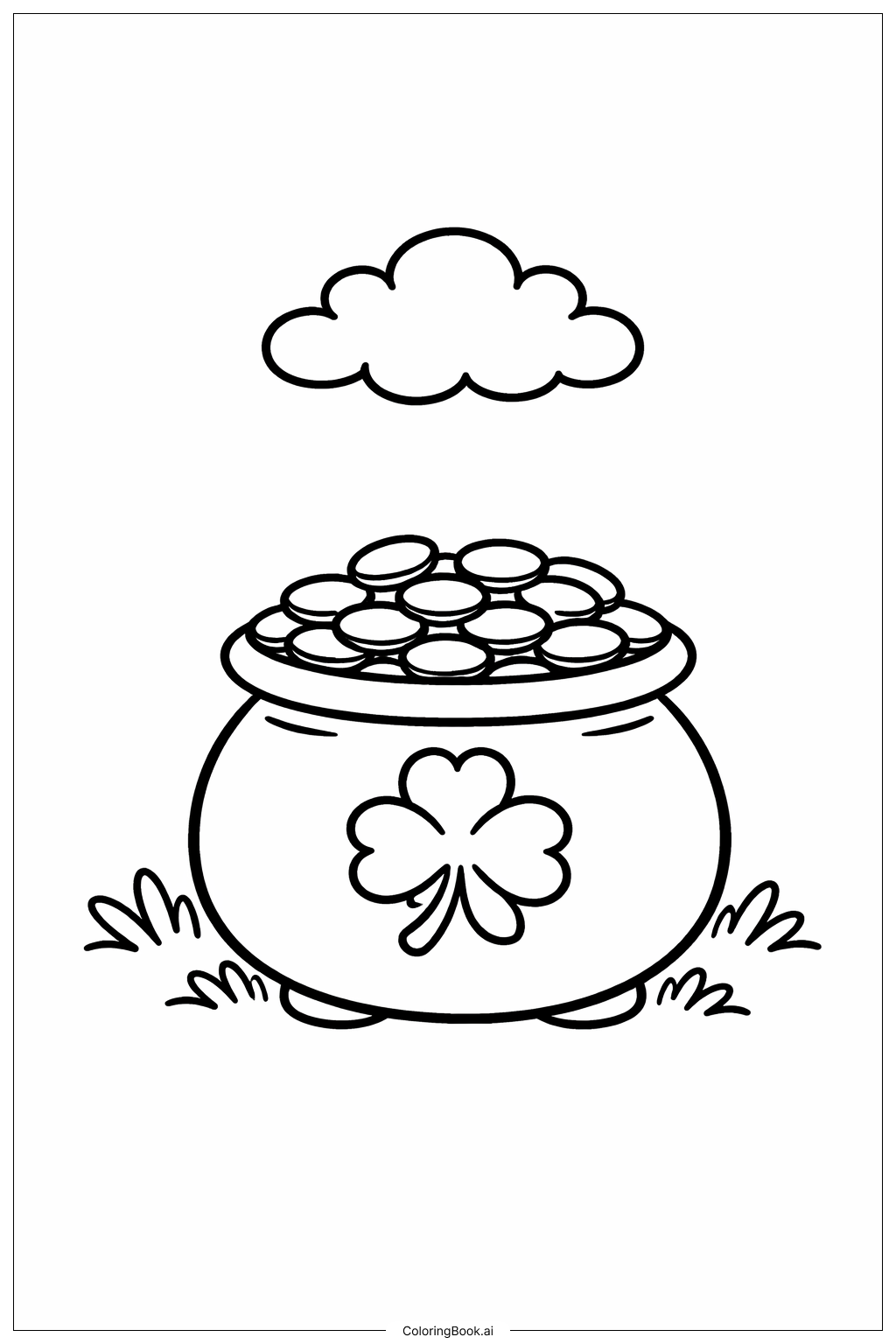  装满金币的简易云朵锅填色页 