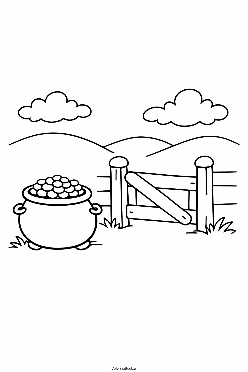  带简易篱笆门的金罐填色页 