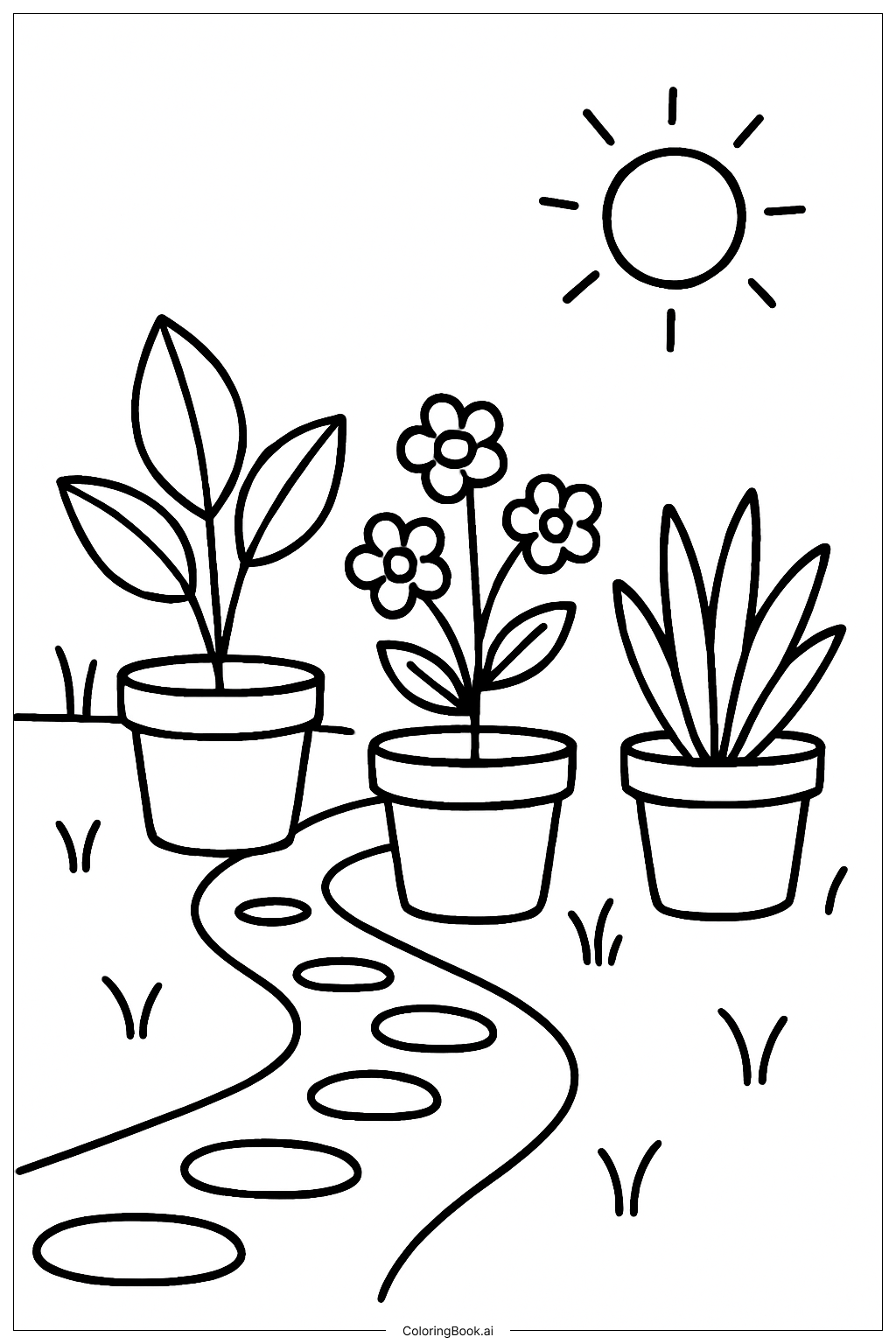 鉢植えの庭の風景の塗り絵ページ