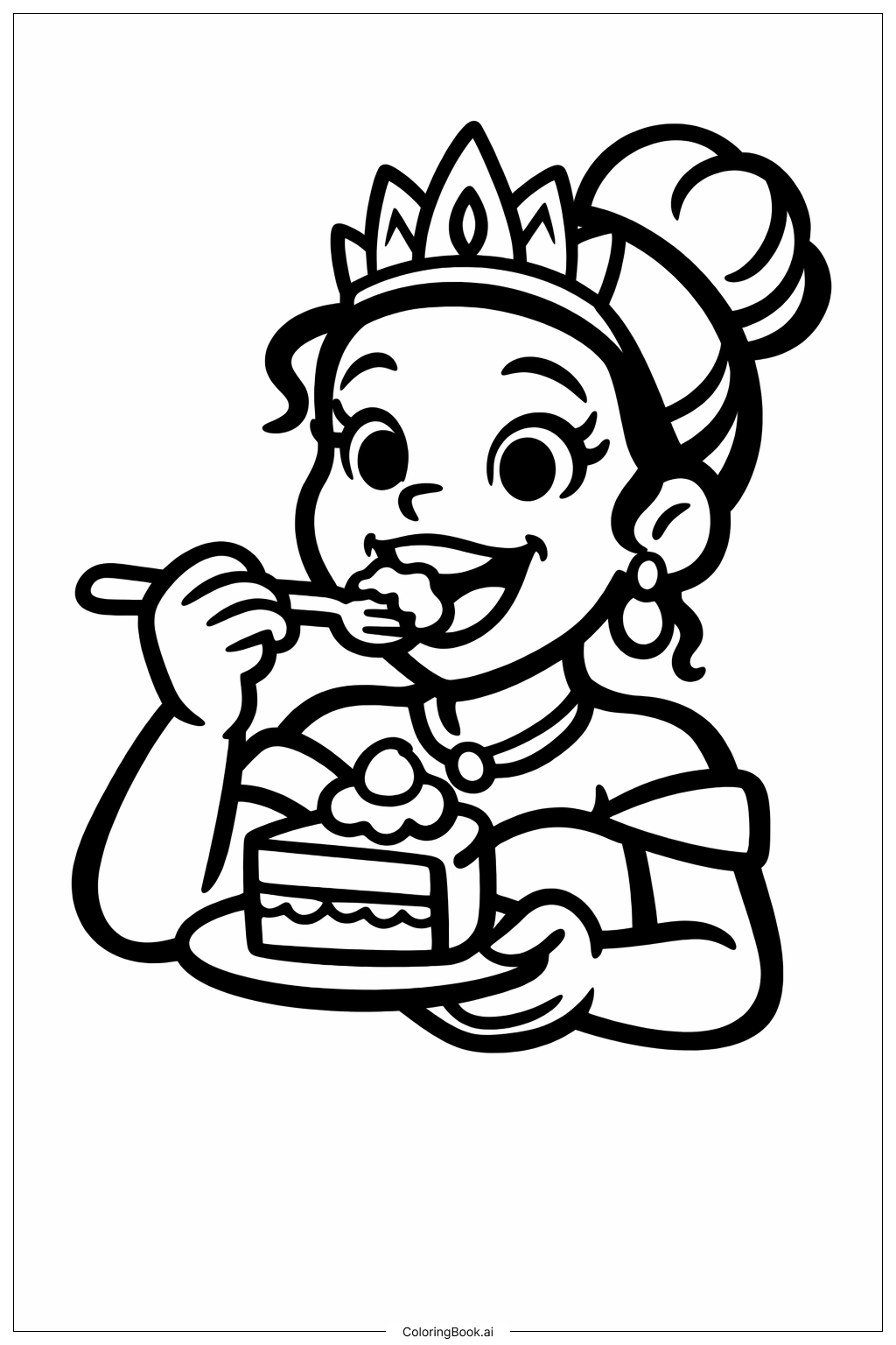  ケーキを食べるお姫様とカエルの塗り絵ページ 