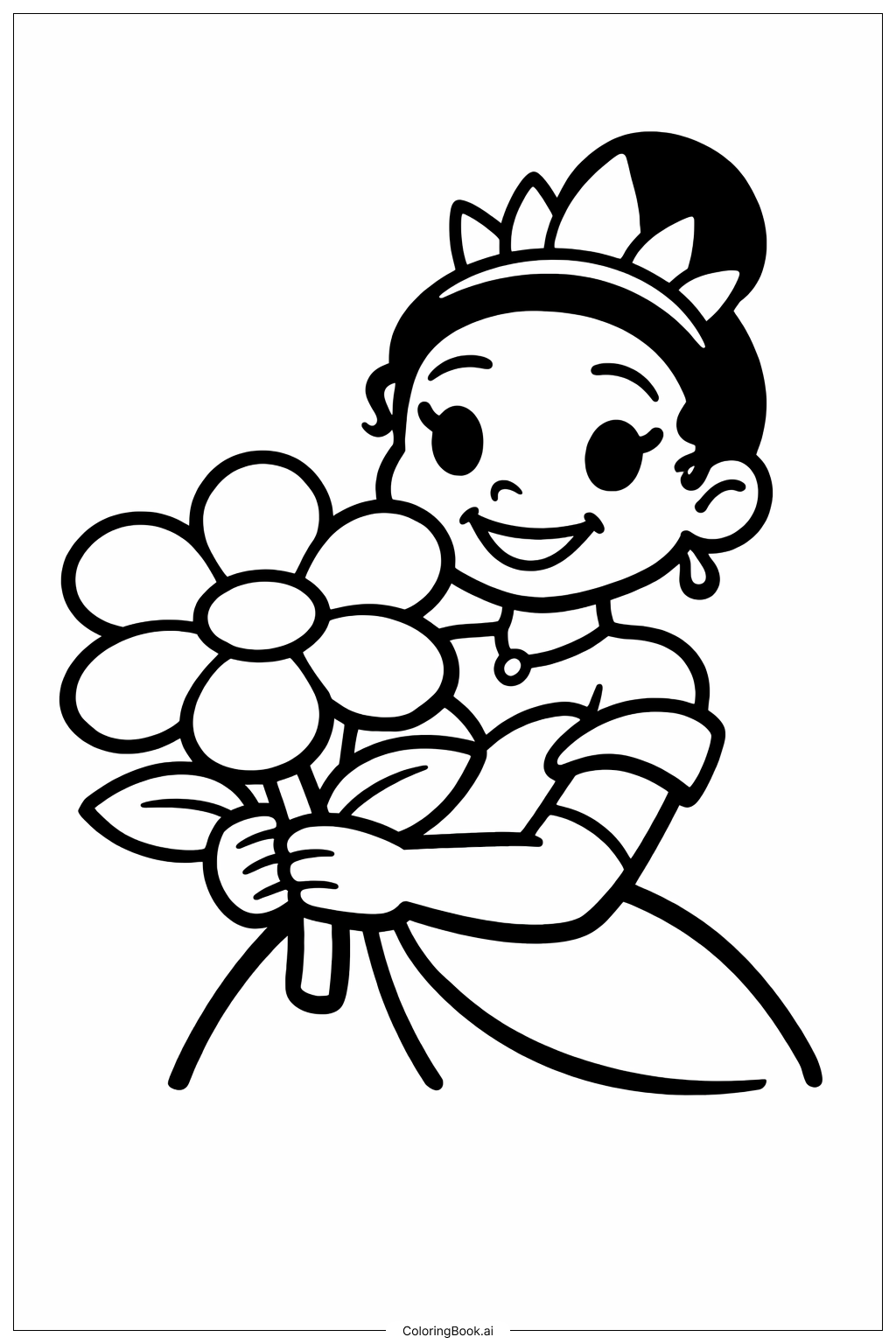  花を持つお姫様とカエルの塗り絵ページ 
