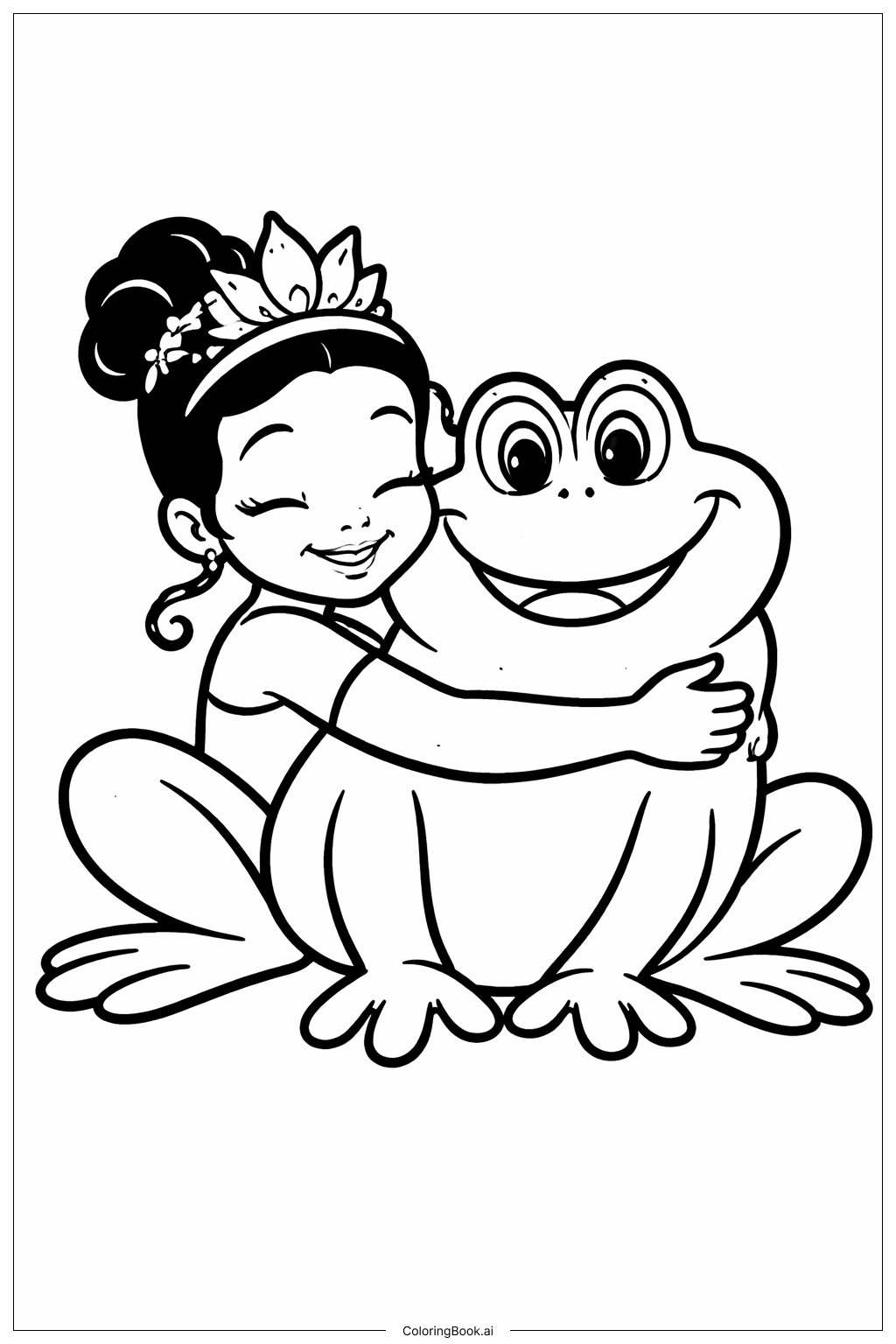  プリンセスとカエルの抱きしめるカエルの塗り絵ページ 