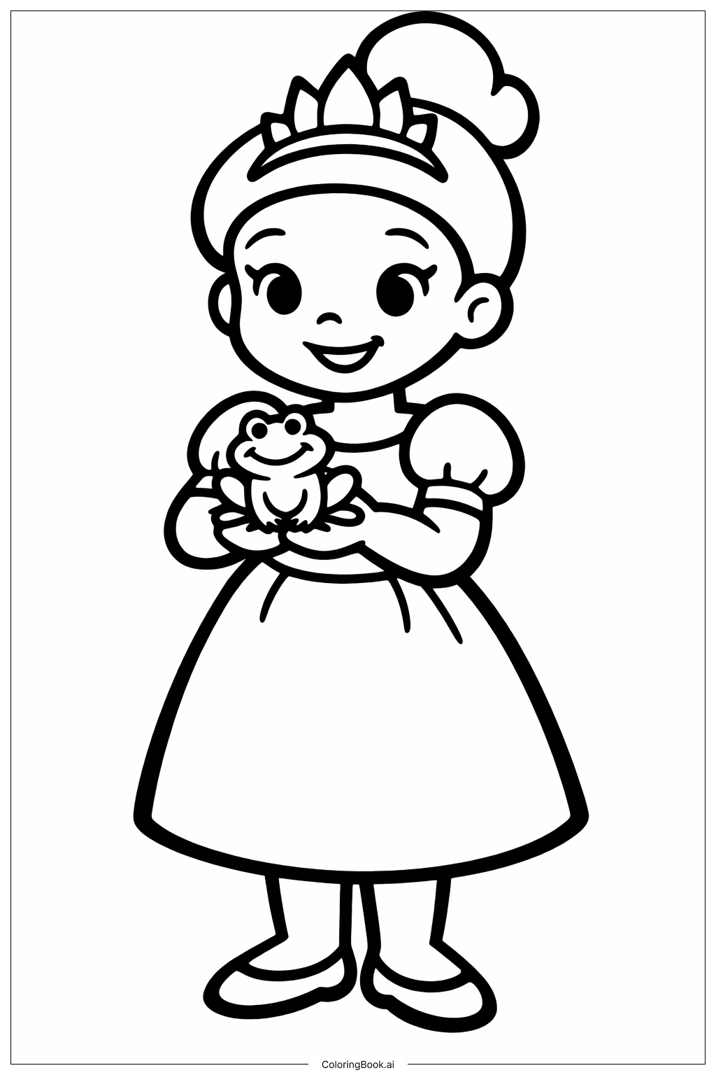  ドレスを着たプリンセスとカエルの塗り絵ページ 