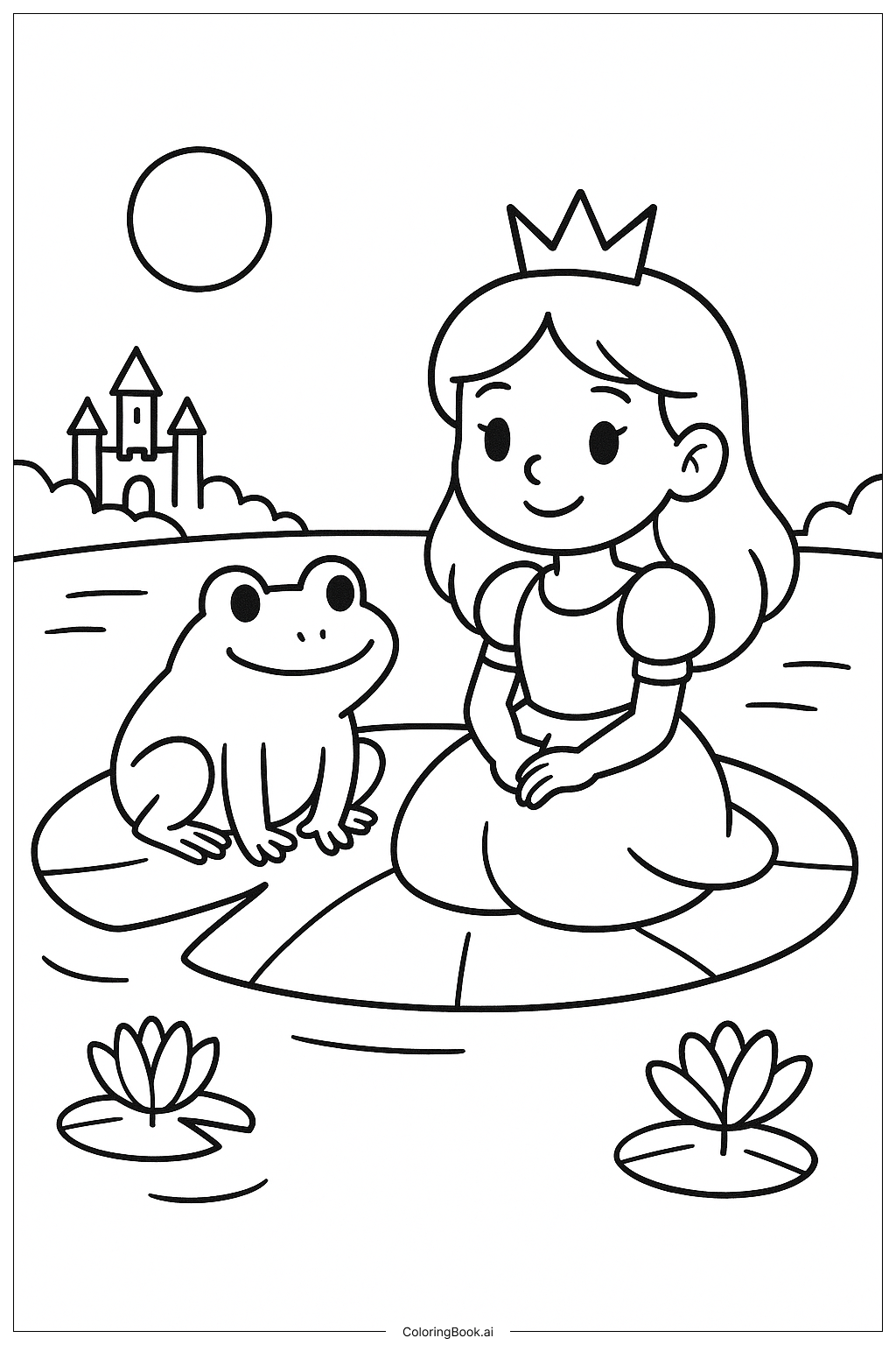  睡蓮の葉の上の王子様とカエルの塗り絵ページ 