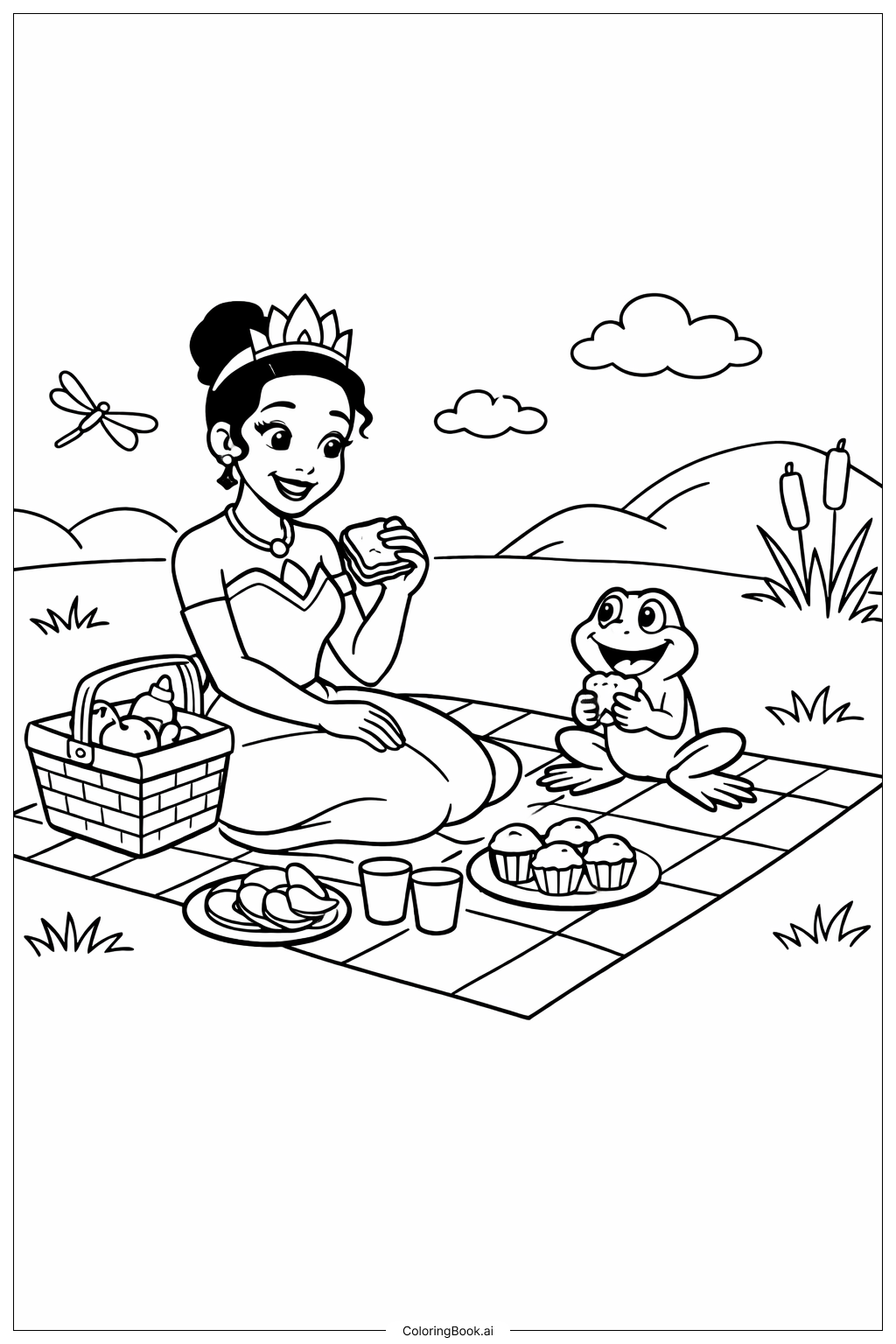  プリンセスとカエルのピクニックシーンの塗り絵ページ 