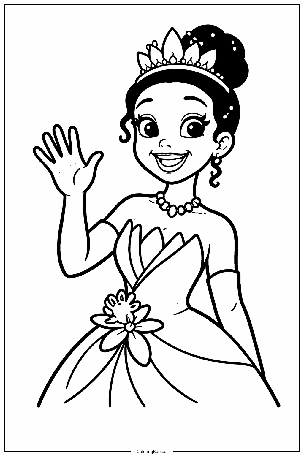 手を振るプリンセスとカエルの塗り絵ページ 