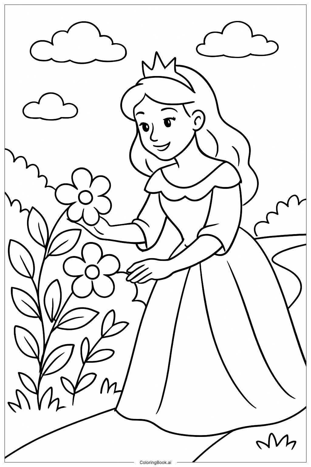  Princess Picking Flowers Coloring Page 