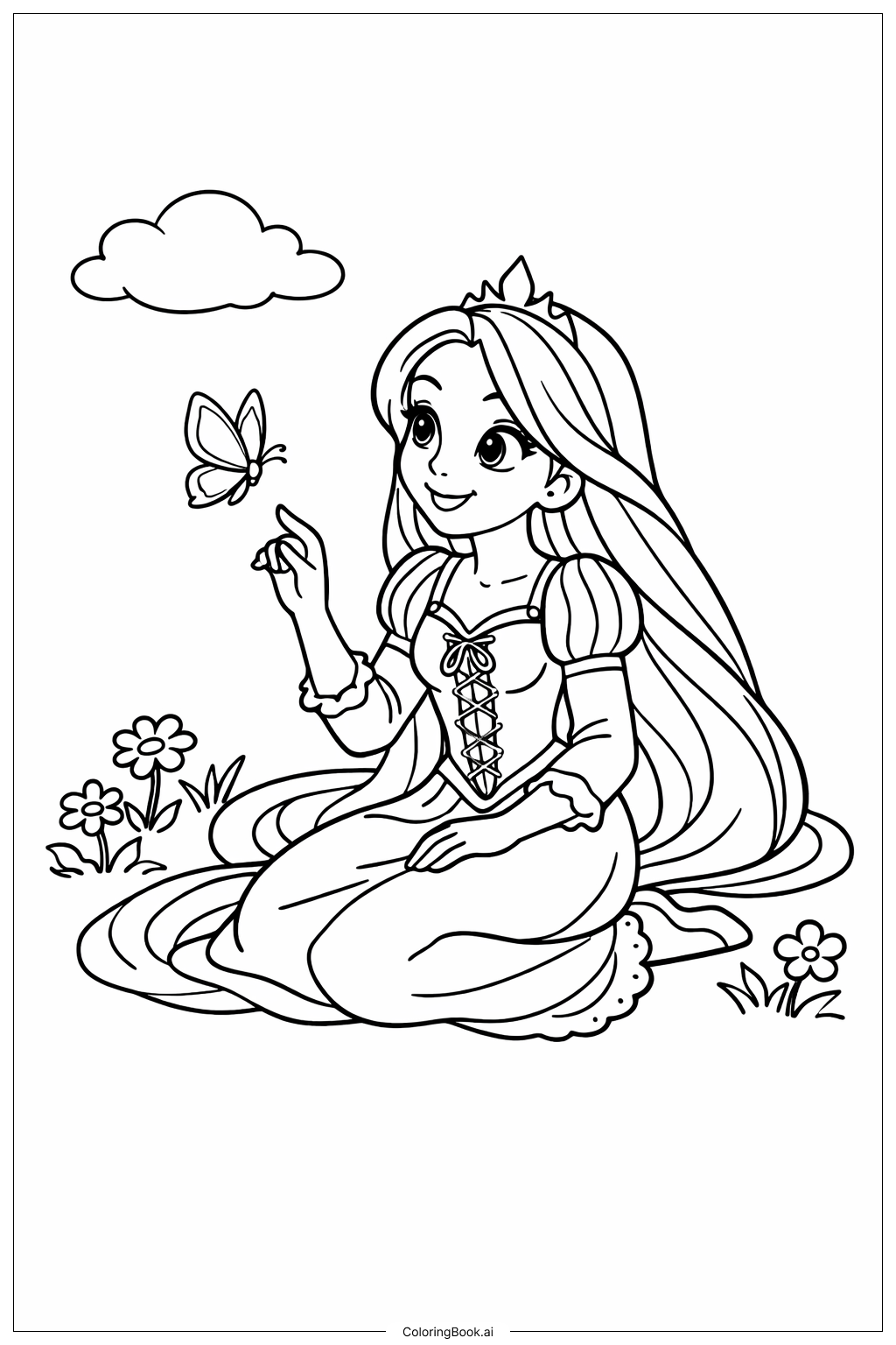  Página para colorear de Princesa Rapunzel y Mariposa 