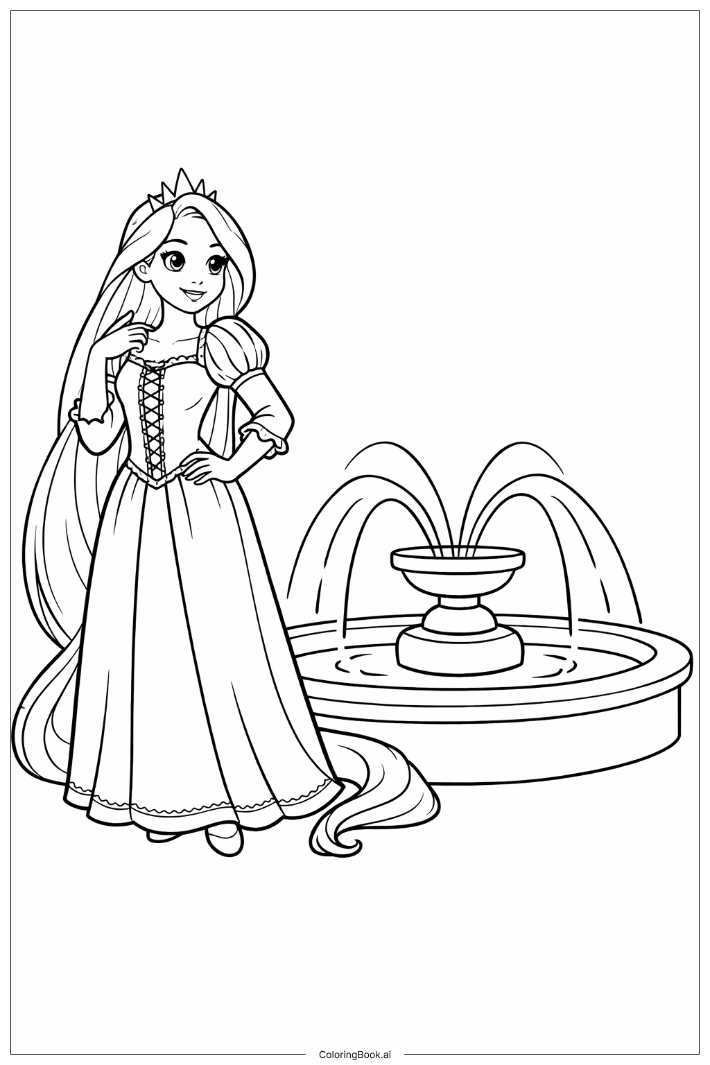  Página para colorear de Princesa Rapunzel junto a la Fuente 