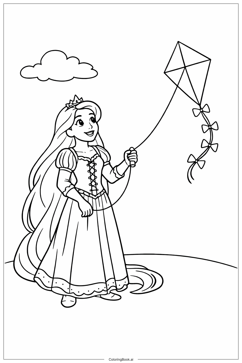  Página para colorear de Princesa Rapunzel volando una cometa 
