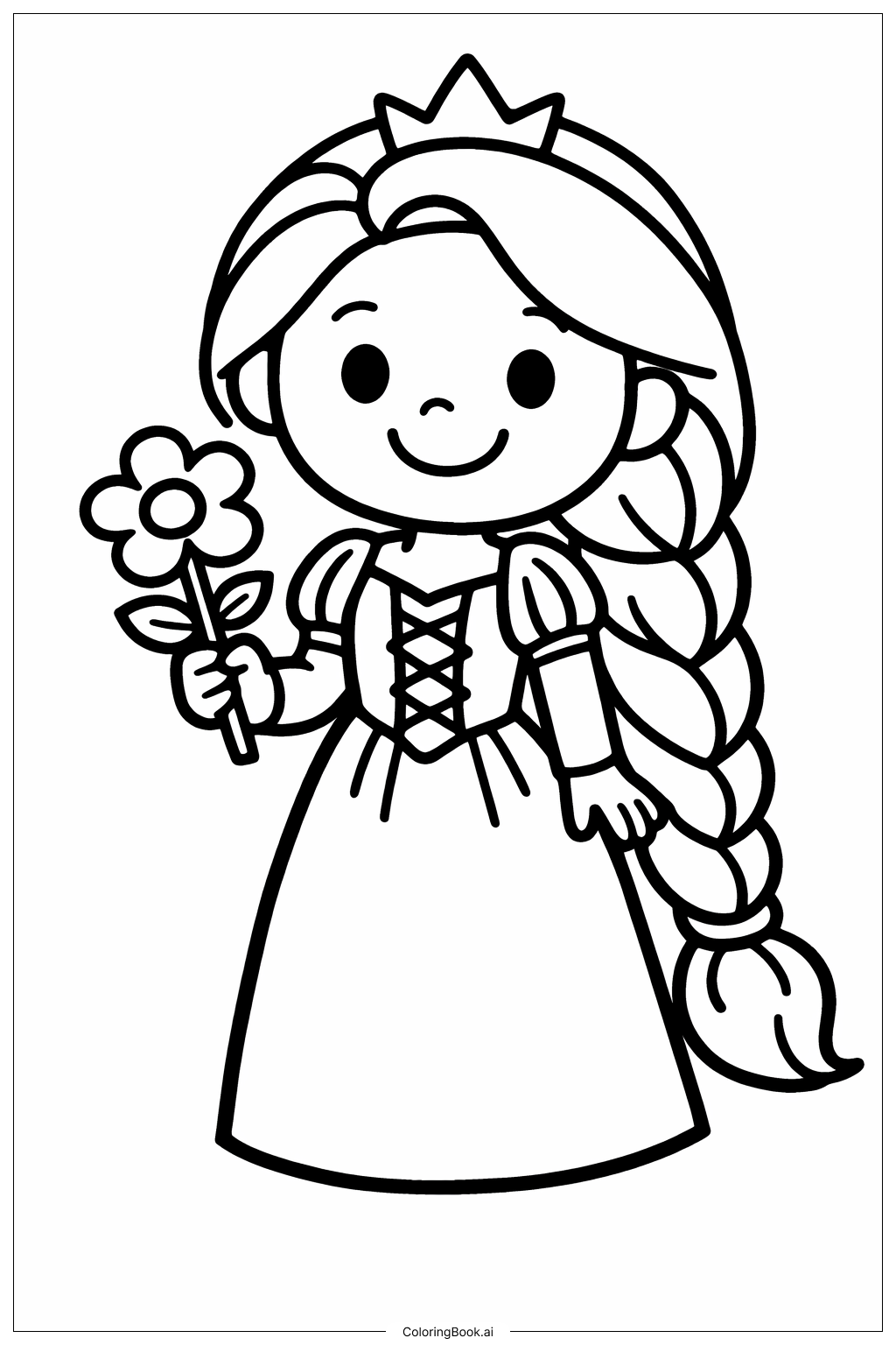  Página para colorear de Princesa Rapunzel Sosteniendo una Flor 