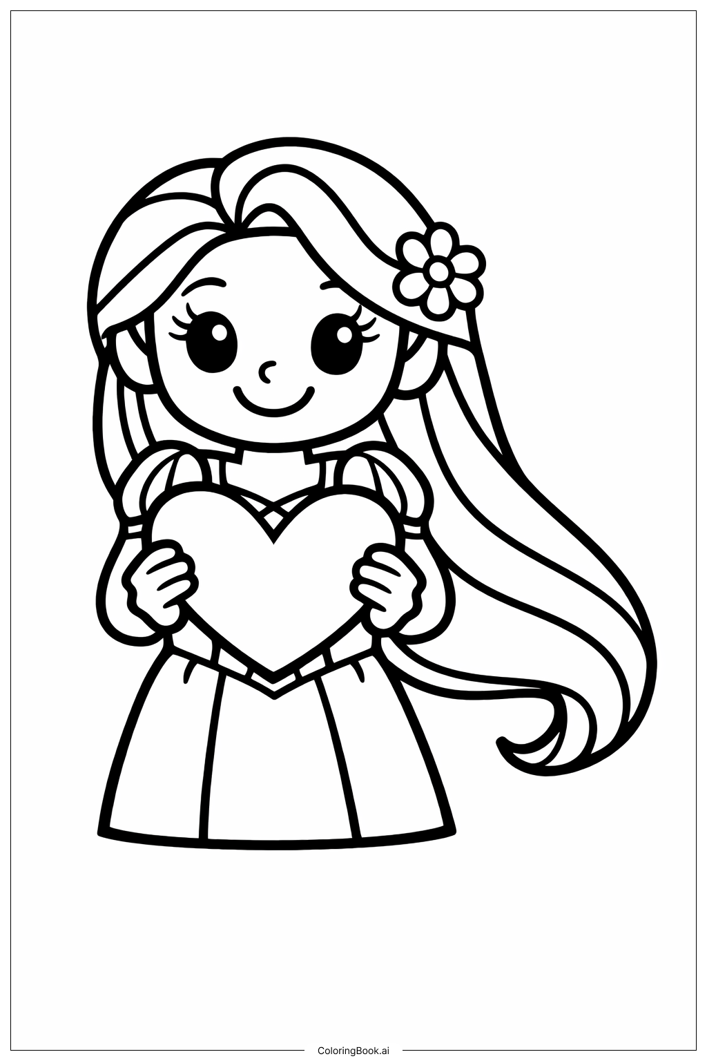  Página para colorear de Princesa Rapunzel Sosteniendo un Corazón 