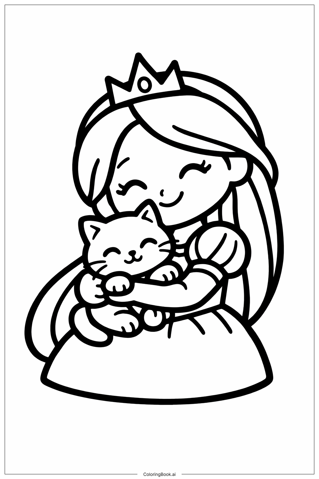  Página para colorear de Princesa Rapunzel abrazando a un gato 