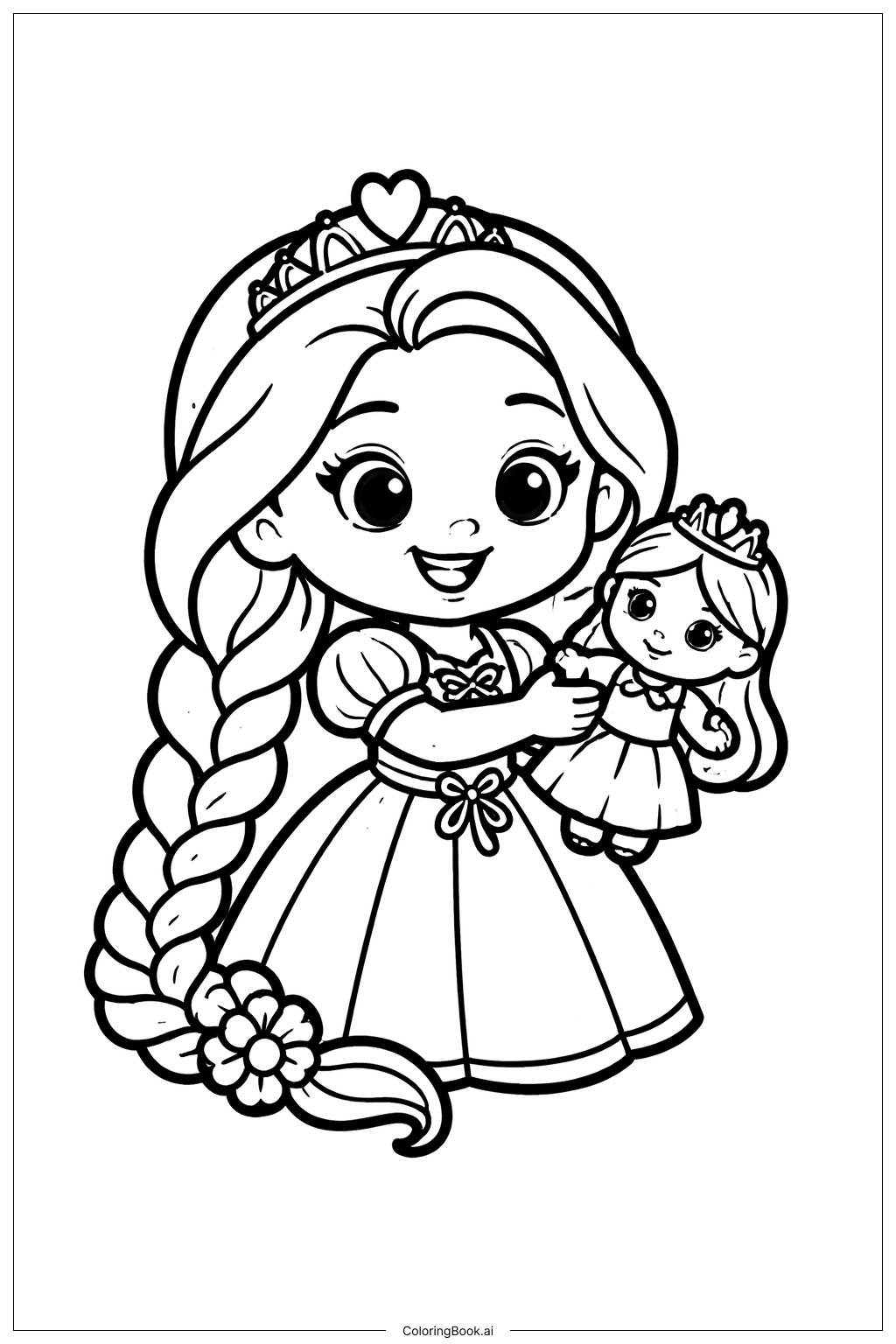  Página para colorear de Princesa Rapunzel Jugando con Muñeca 