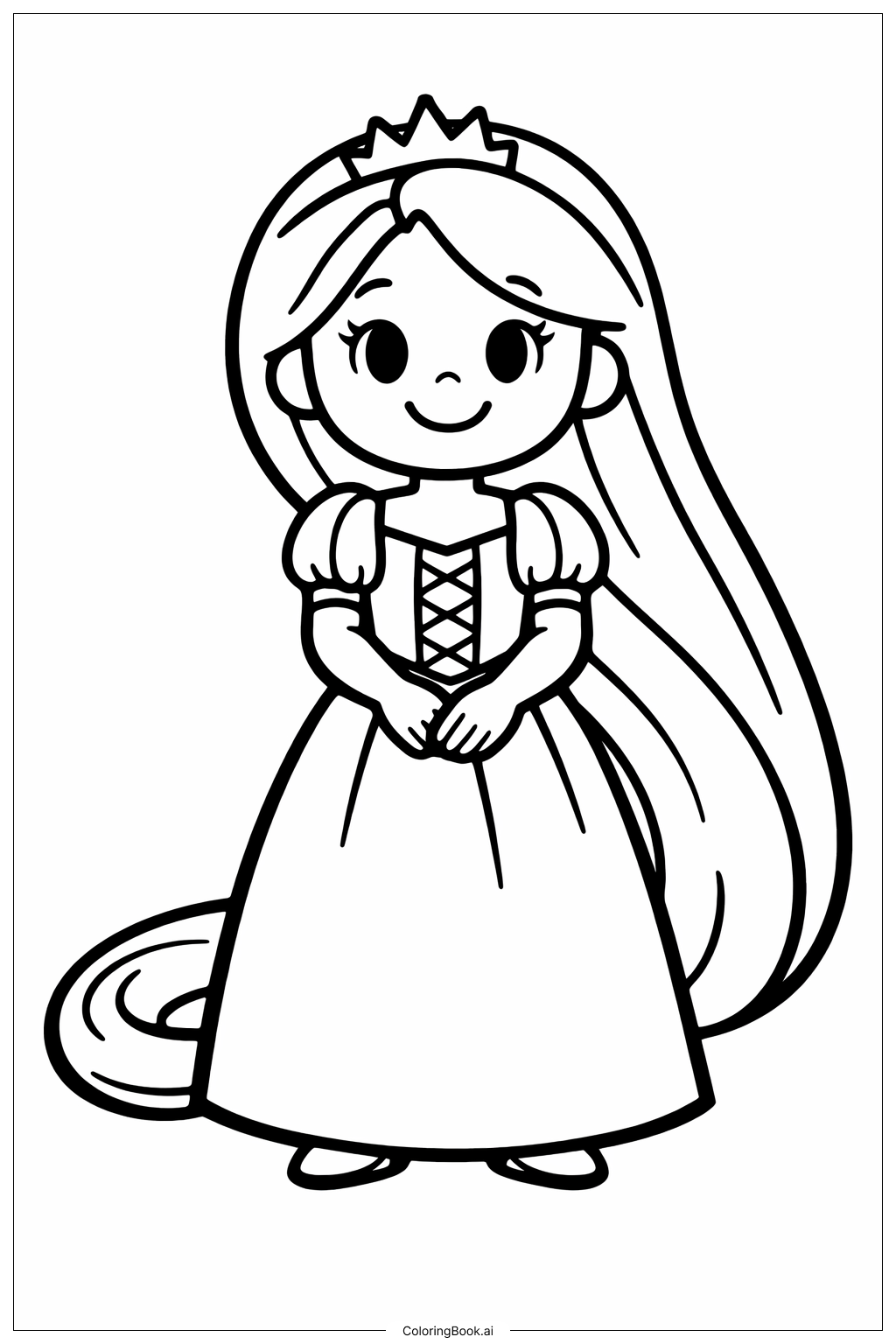  Página para colorear de Princesa Rapunzel de Pie Sonriendo 