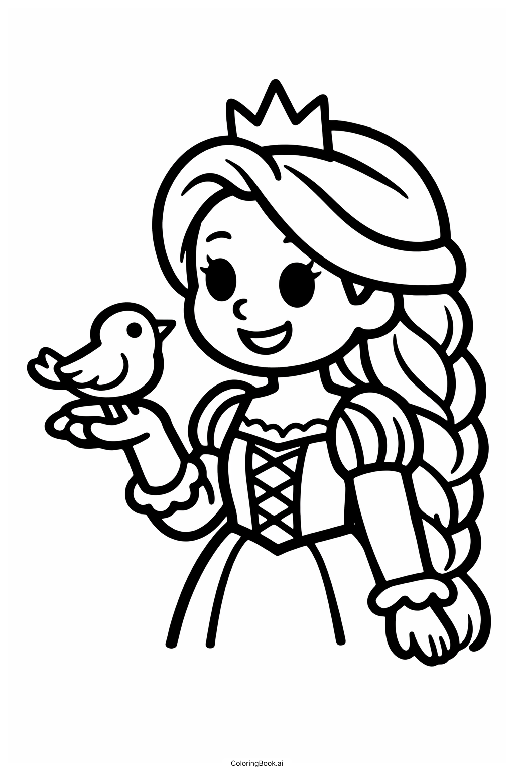  Página para colorear de Princesa Rapunzel con pájaro 