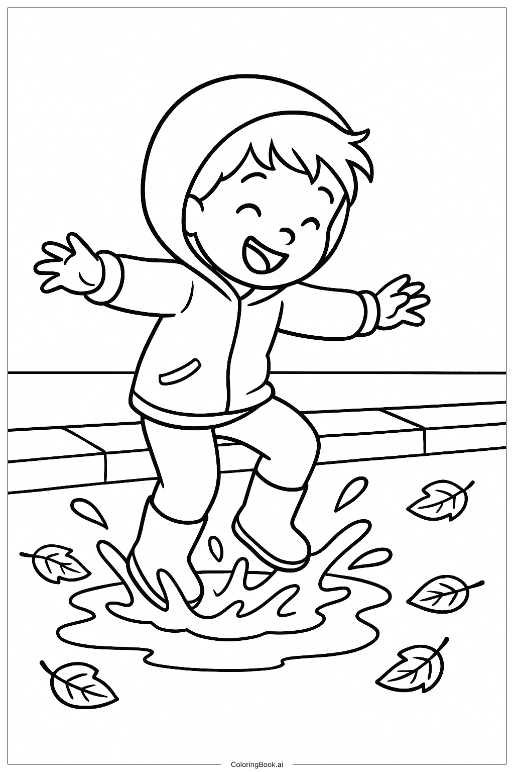 Página para colorir de Brincando na Poça com Folhas de Outono