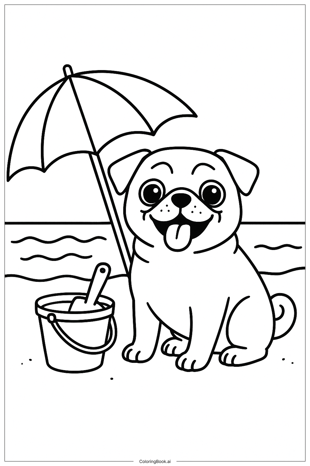  沙灘上的巴哥犬著色頁 