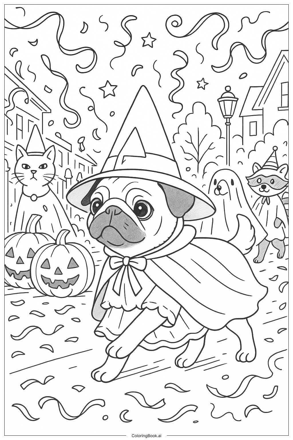  萬聖節遊行的哈巴狗著色頁 