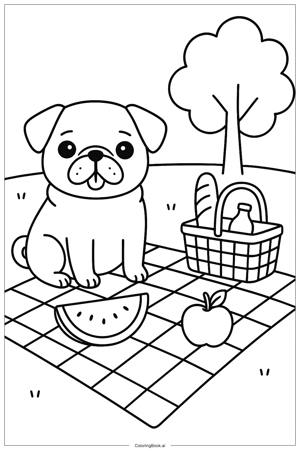  巴哥犬野餐著色頁 