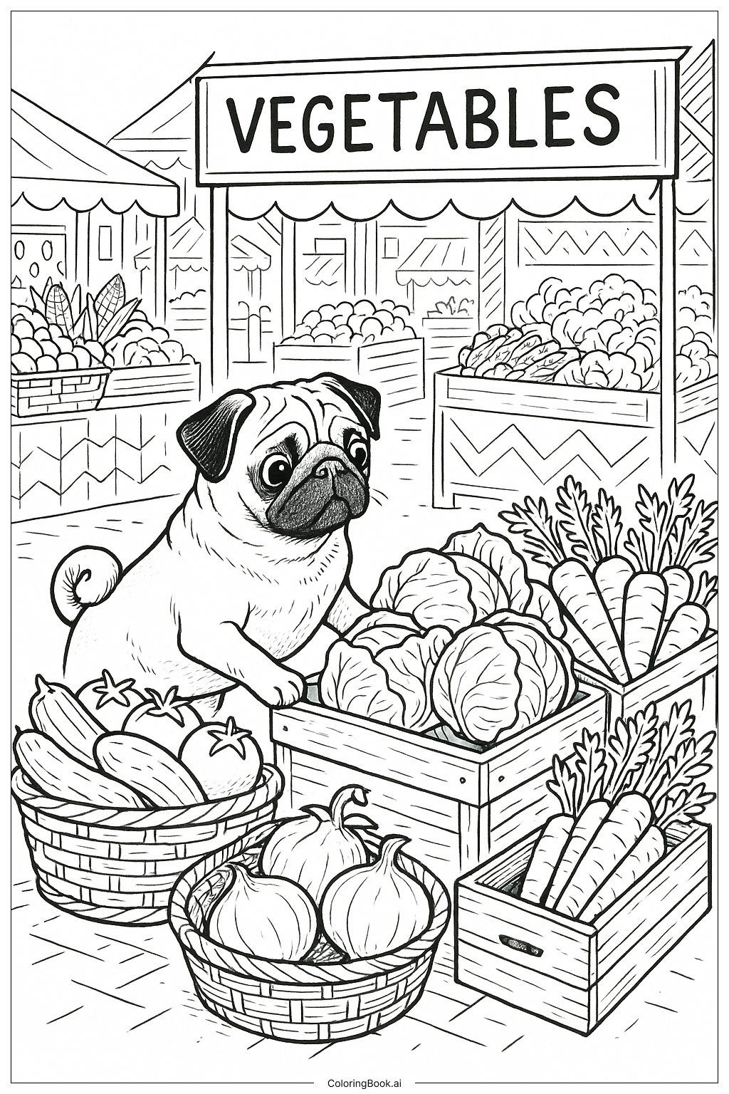  蔬果市場的巴哥犬著色頁 
